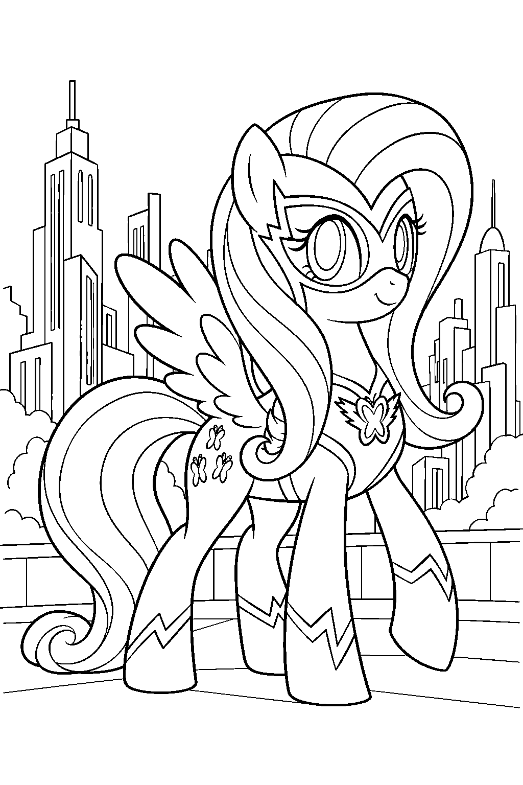 fluttershy as saddle rager wearing her power ponies superhero costume line art