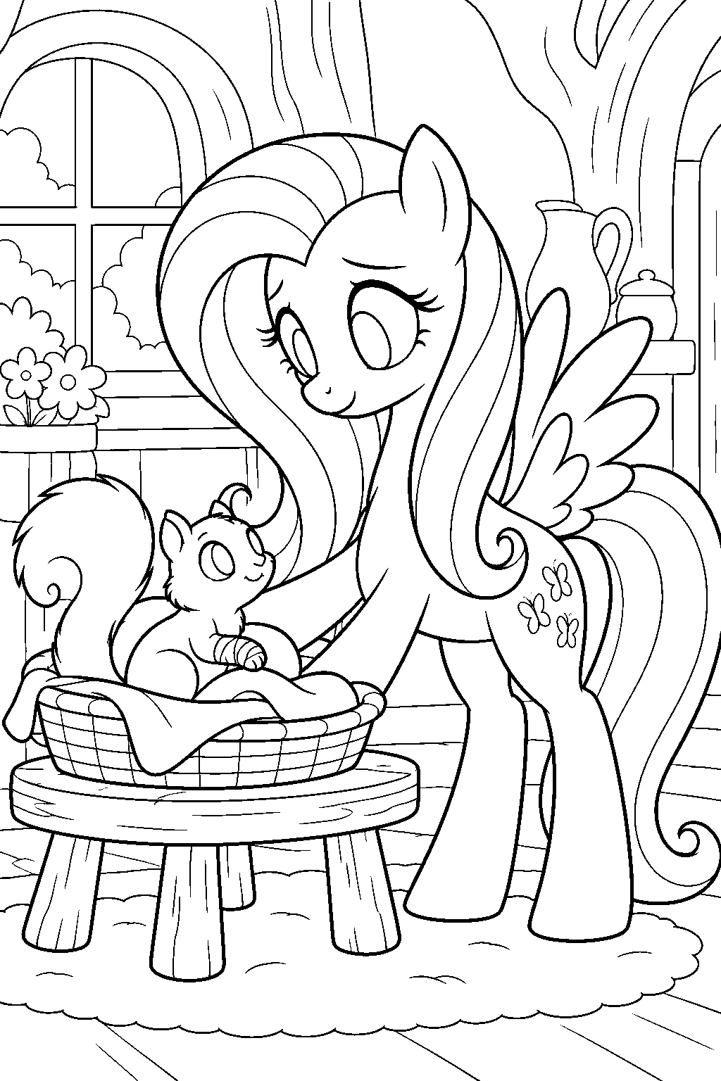 fluttershy caring for an injured squirrel at her cottage line art