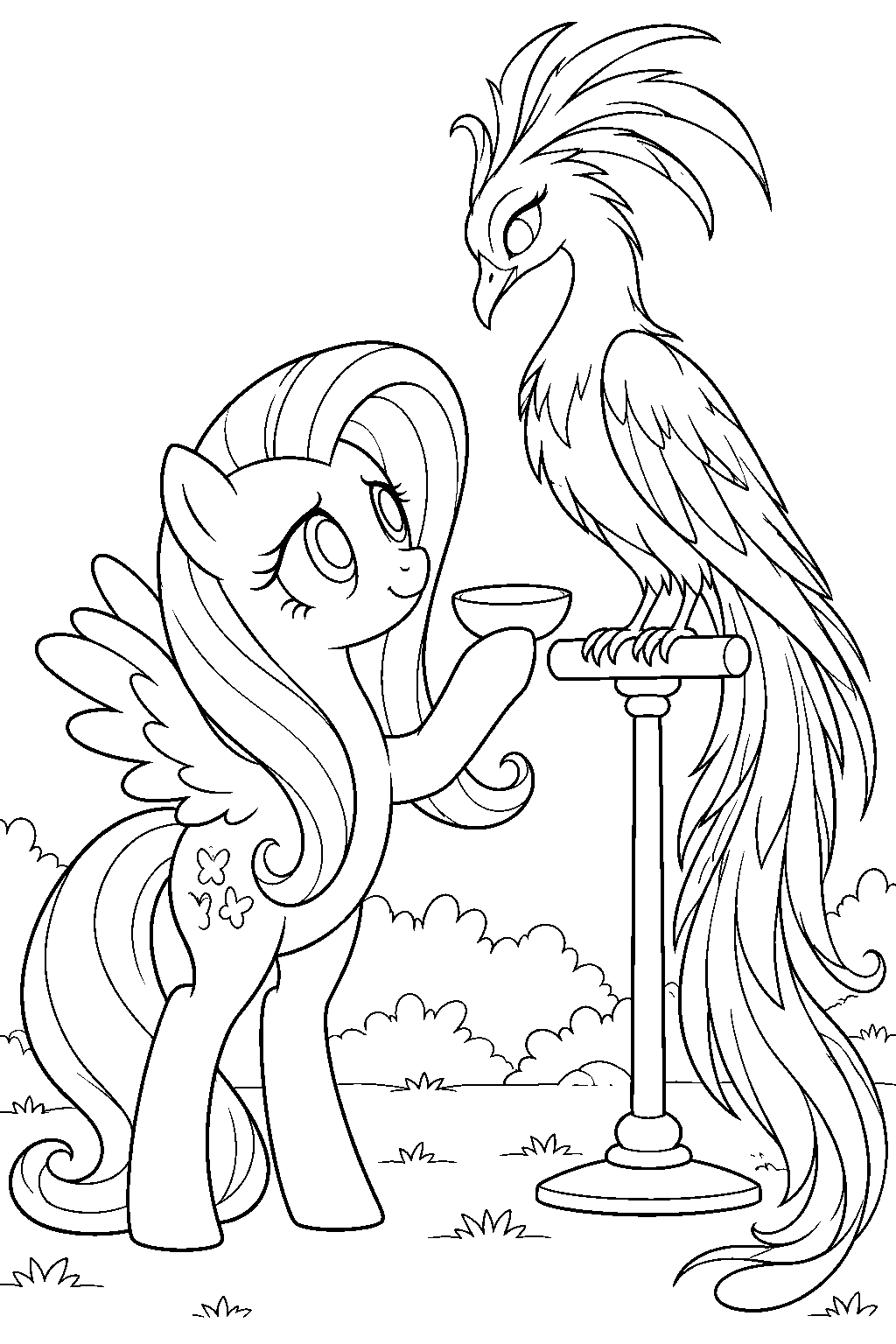fluttershy caring for philomena the phoenix line art