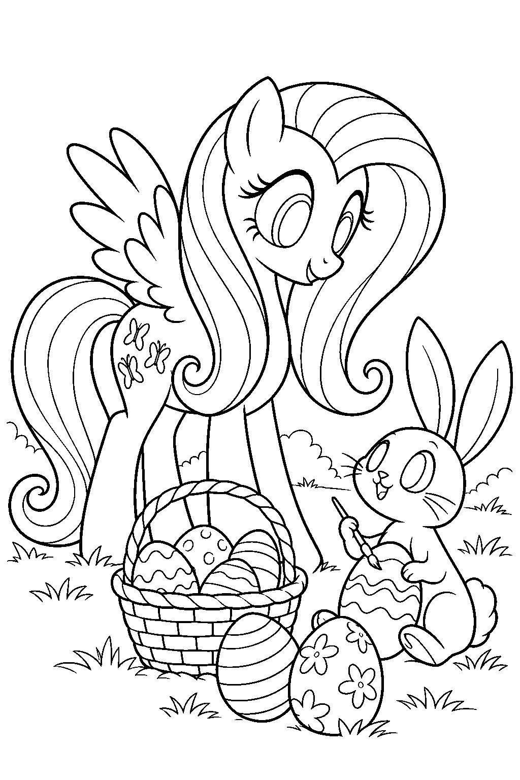 fluttershy decorating easter eggs with angel bunny line art