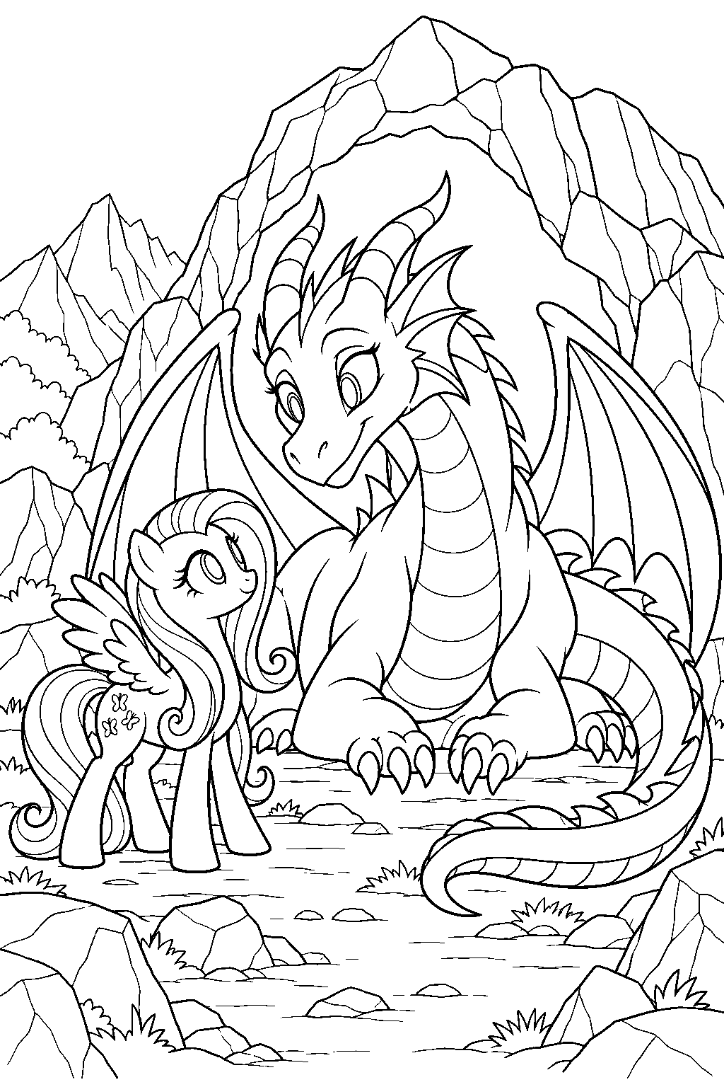 fluttershy facing a dragon at its mountain cave line art