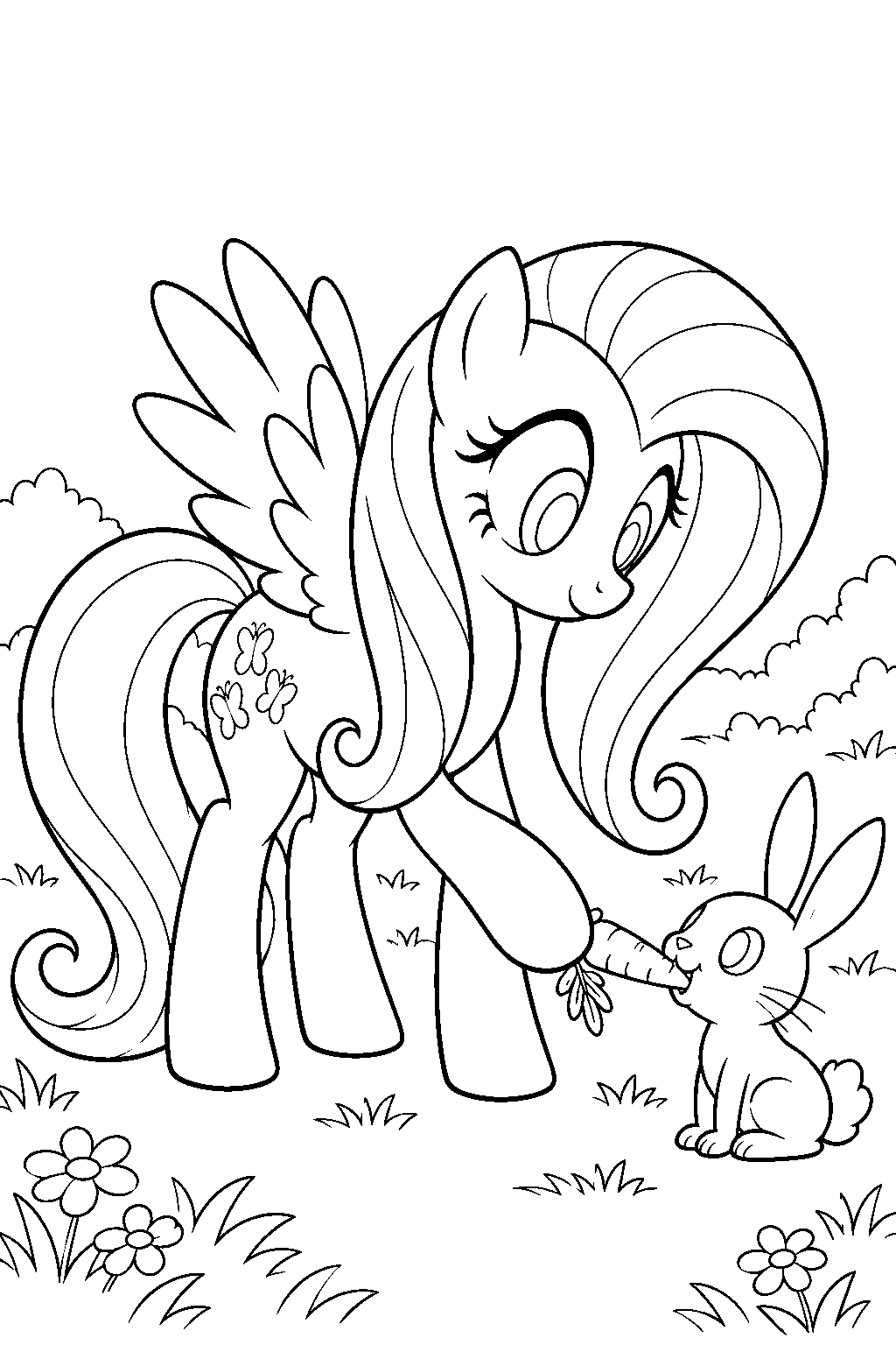fluttershy feeding angel bunny a carrot line art