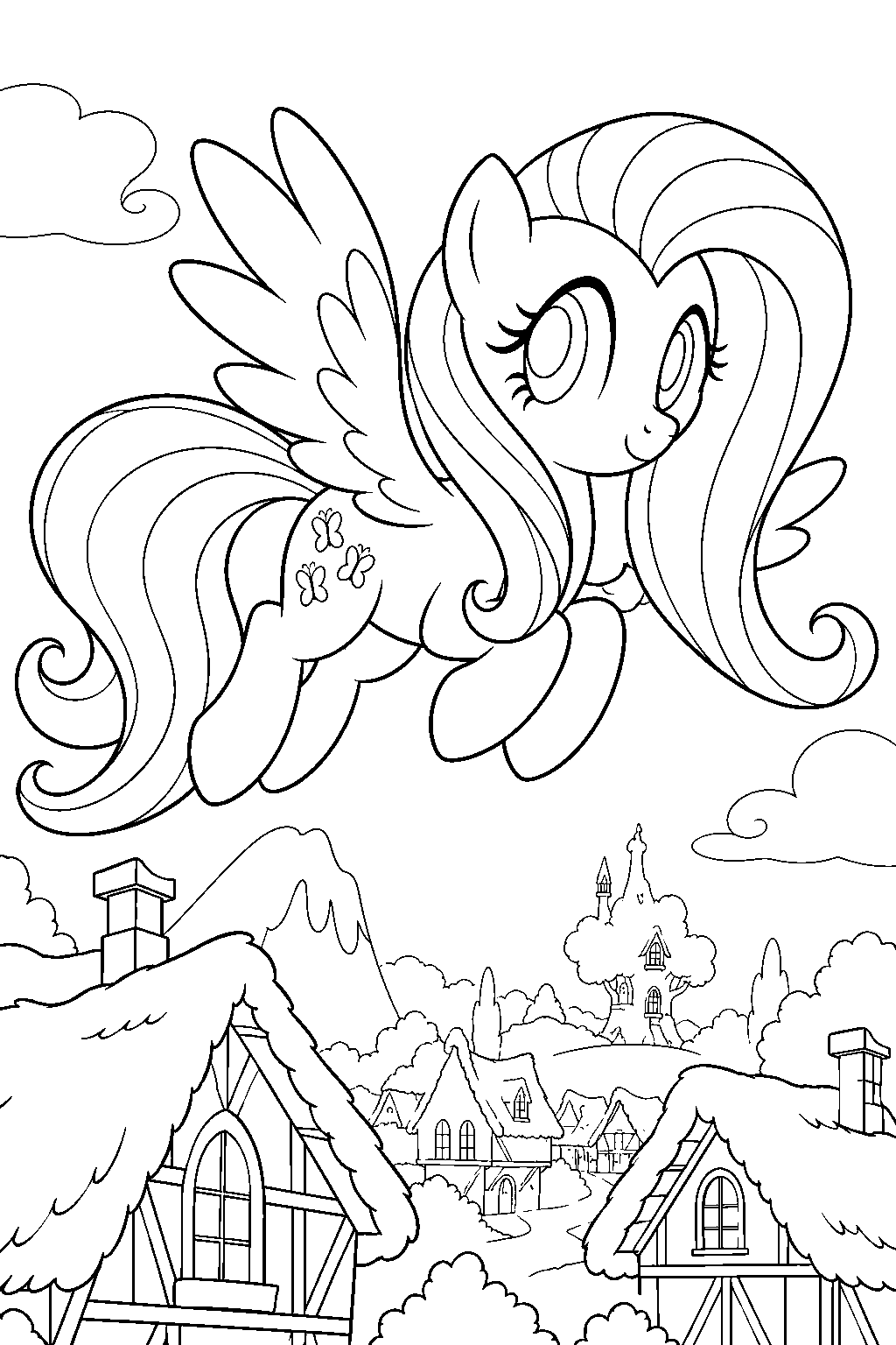 fluttershy flying over ponyville line art