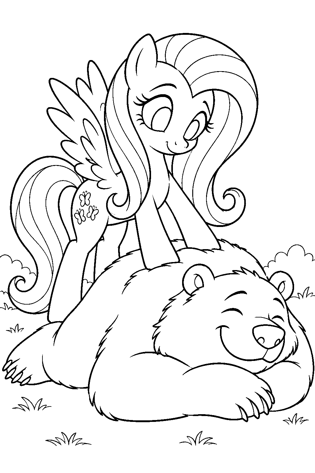 fluttershy giving harry the bear a back massage line art