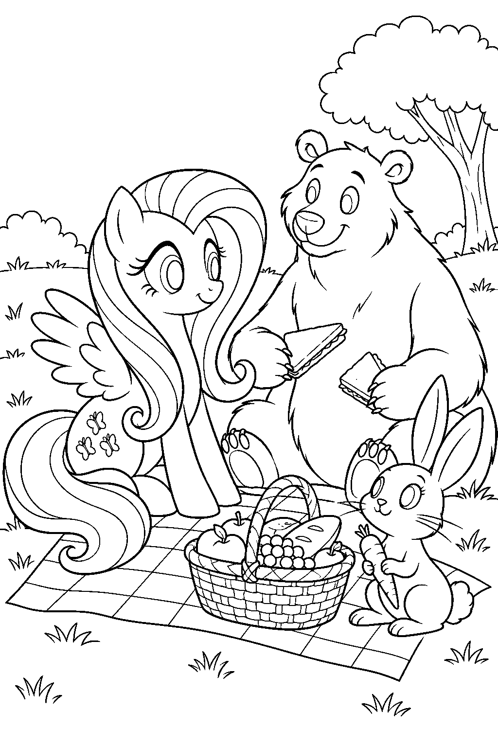 fluttershy having a picnic with harry the bear and angel bunny line art