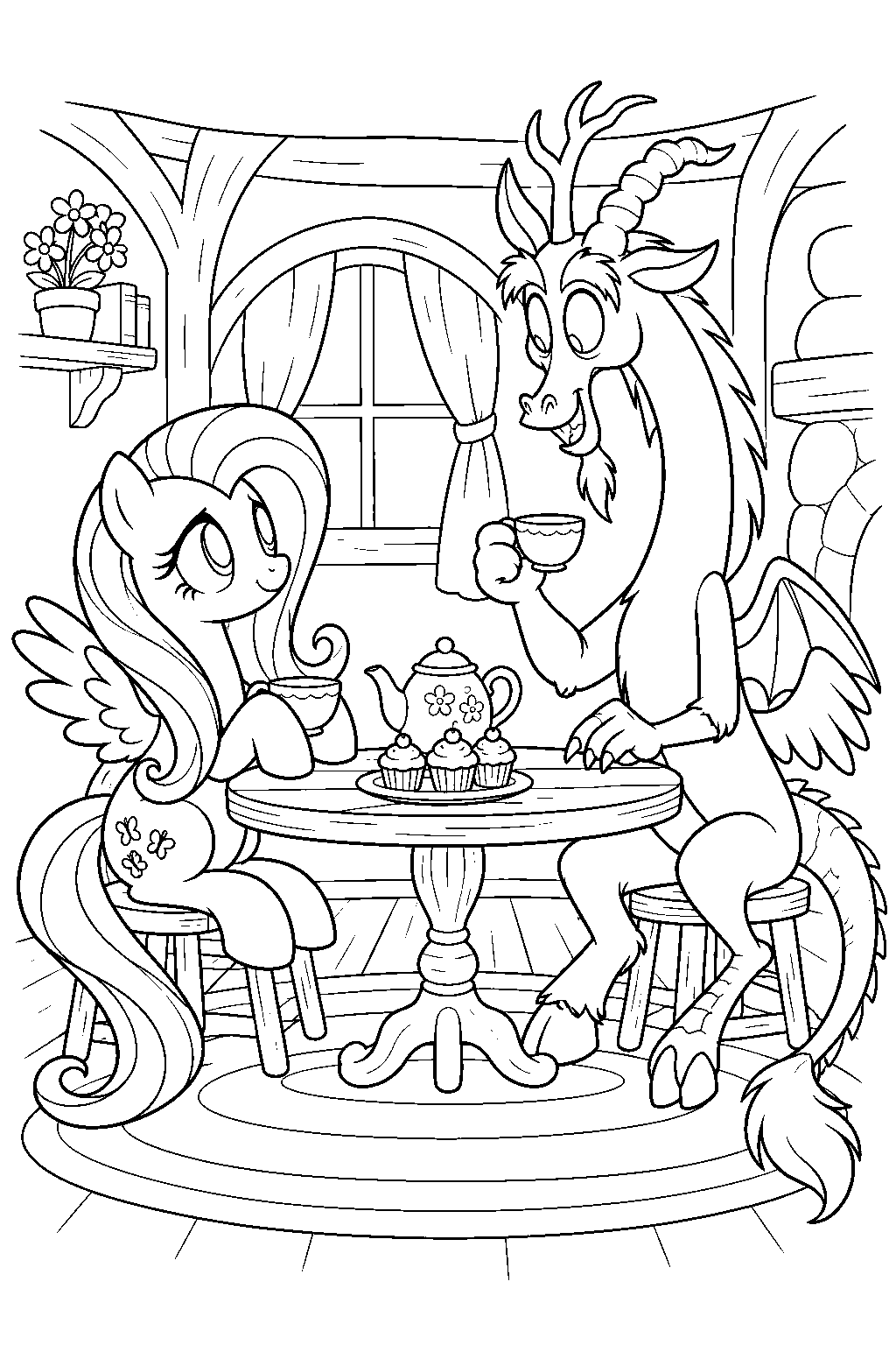 fluttershy having tea with discord at her cottage line art