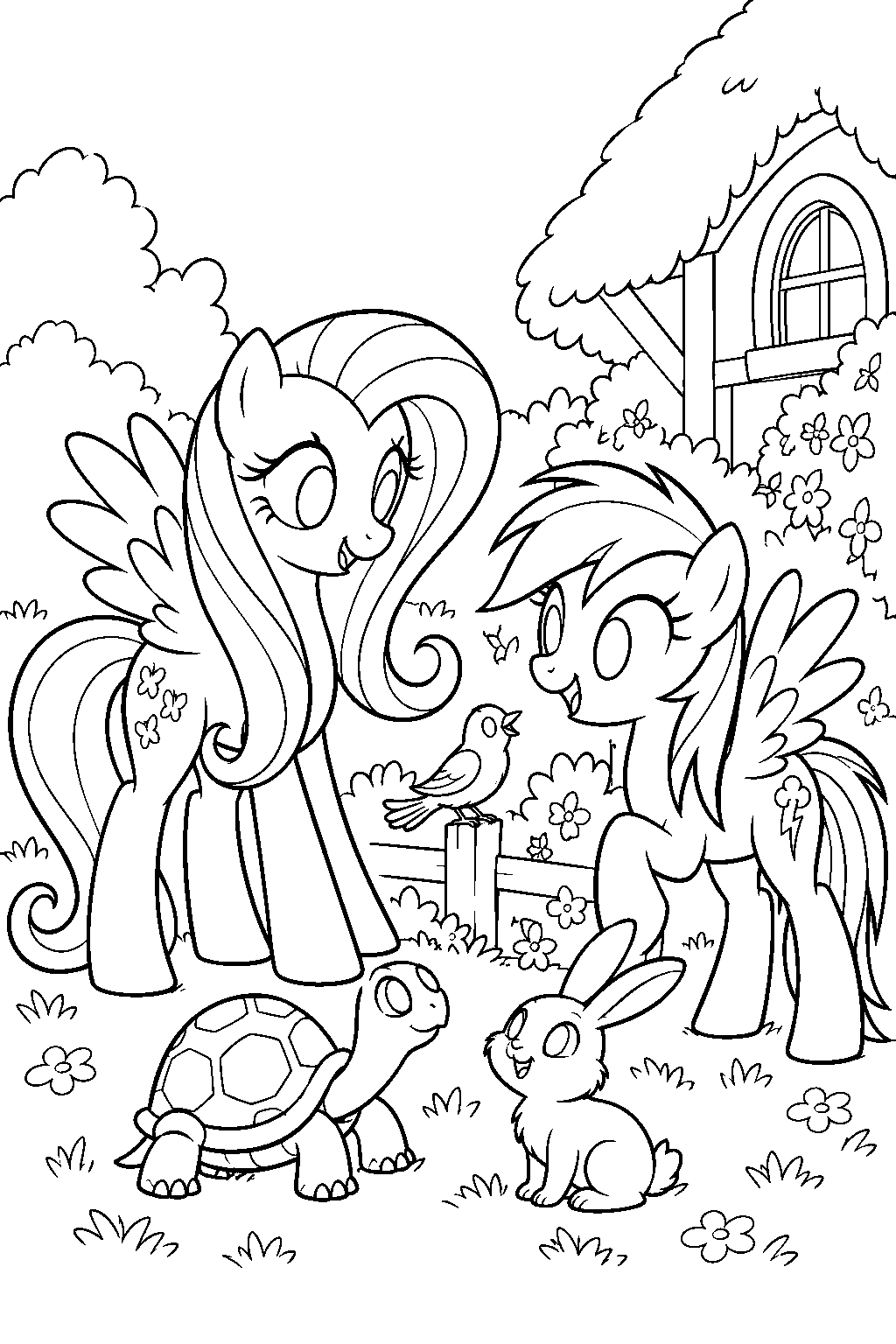 fluttershy helping rainbow dash choose a pet line art