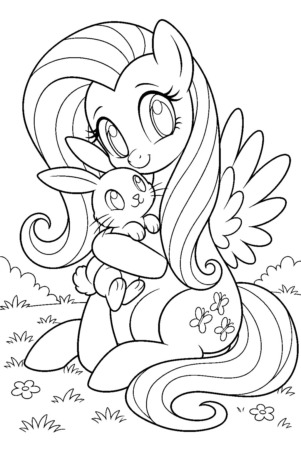 fluttershy hugging angel bunny line art