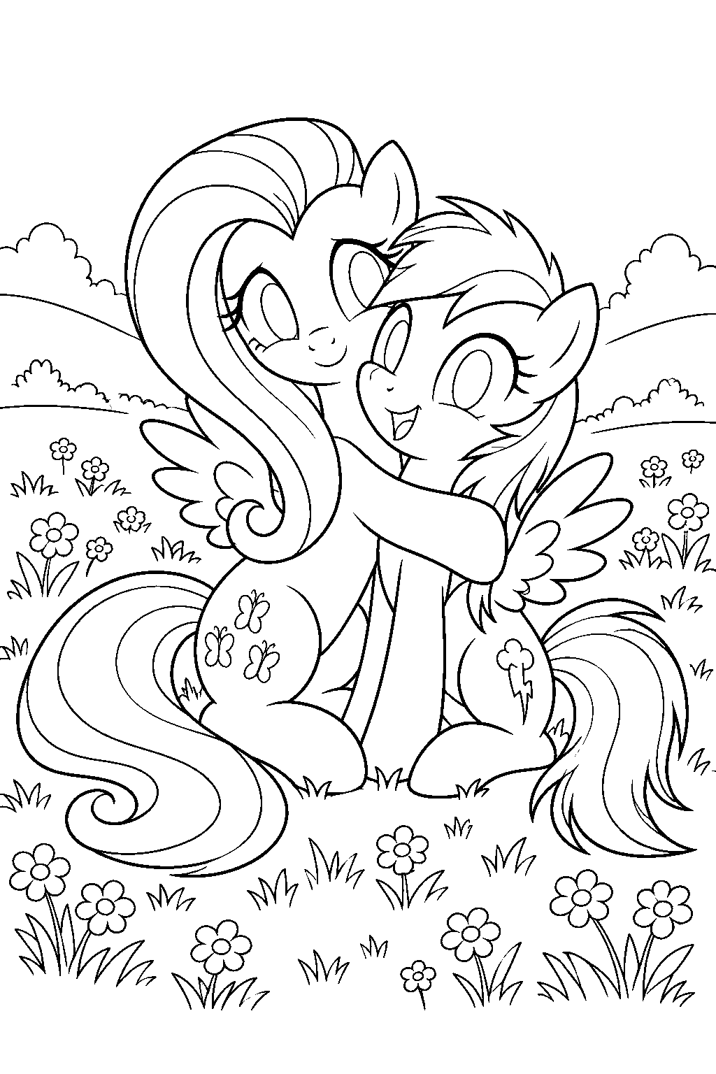 fluttershy hugging rainbow dash in a flower field line art