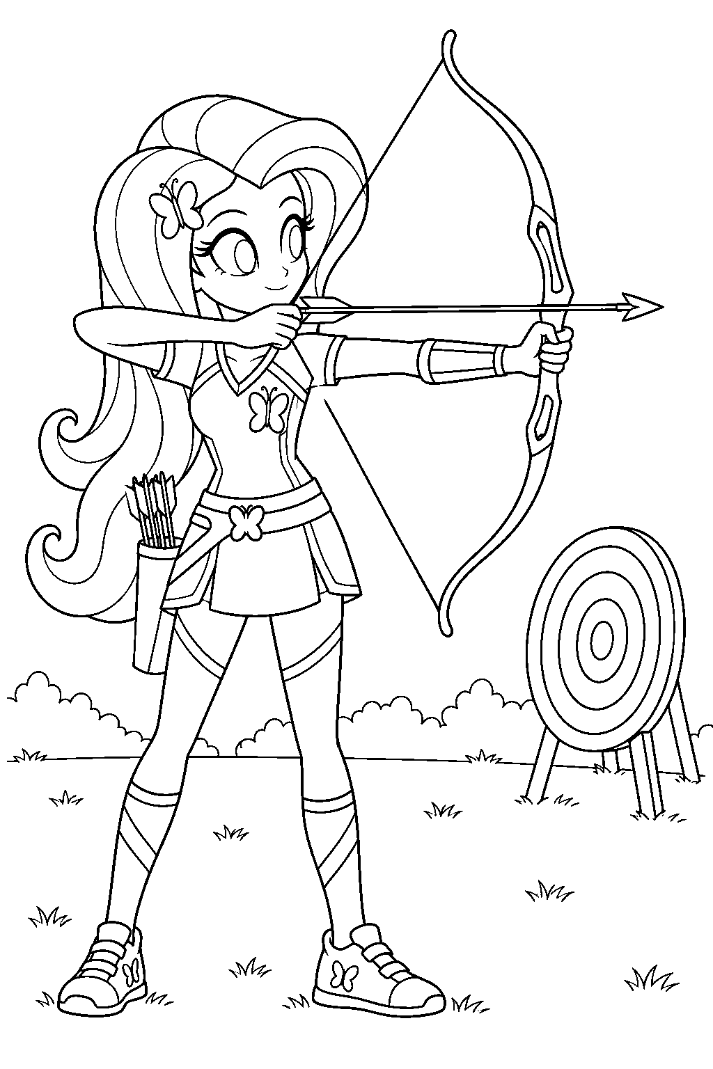 fluttershy in her human equestria girls form aiming a bow at a friendship games target line art