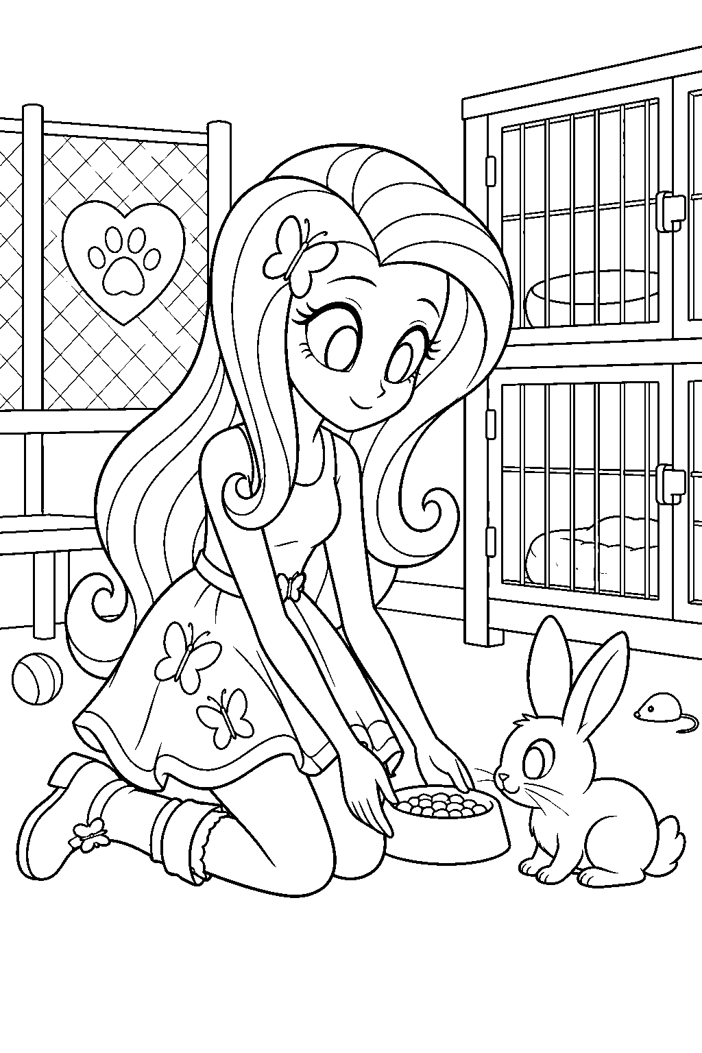 fluttershy in her human equestria girls form caring for a rabbit at the animal shelter line art