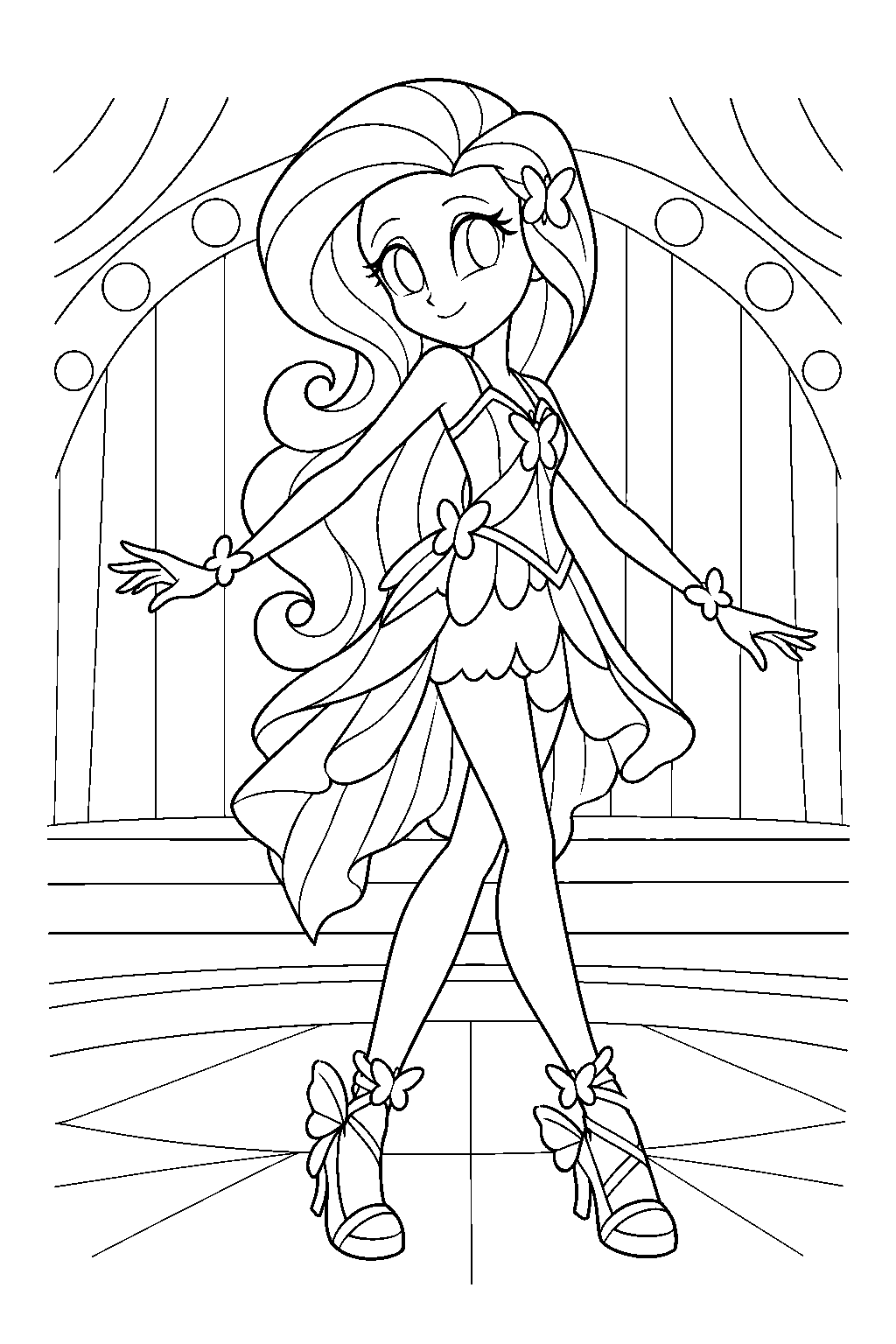 fluttershy in her human equestria girls form dancing in her dance magic music video outfit line art