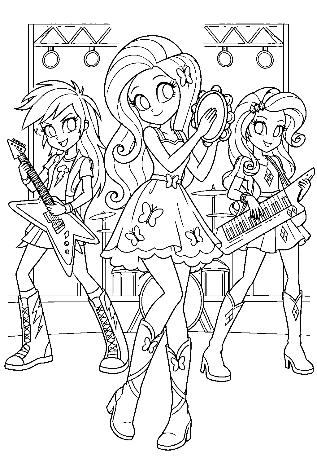 fluttershy in her human equestria girls form playing the tambourine with the rainbooms line art
