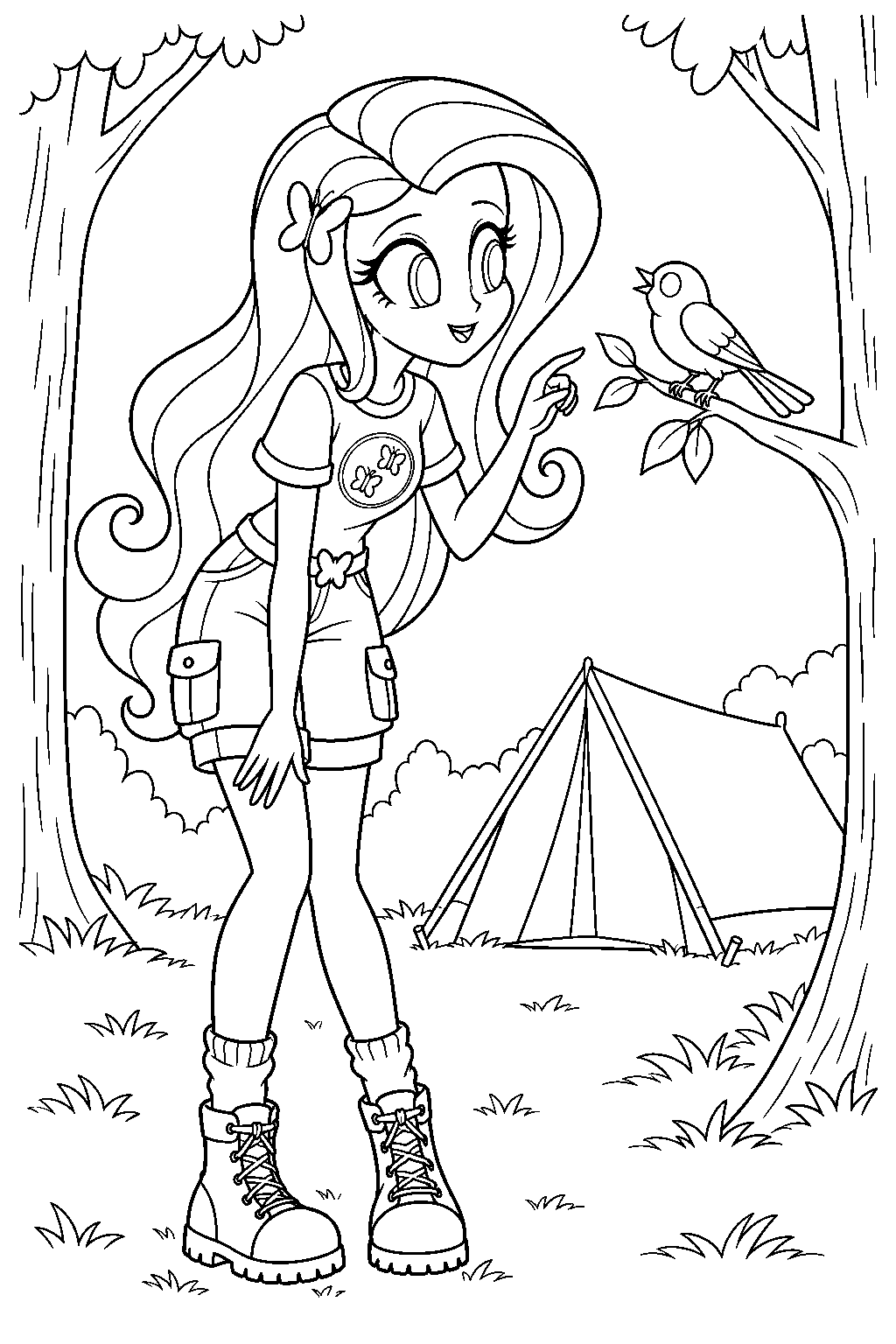 fluttershy in her human equestria girls form talking to a bird at camp ever line art
