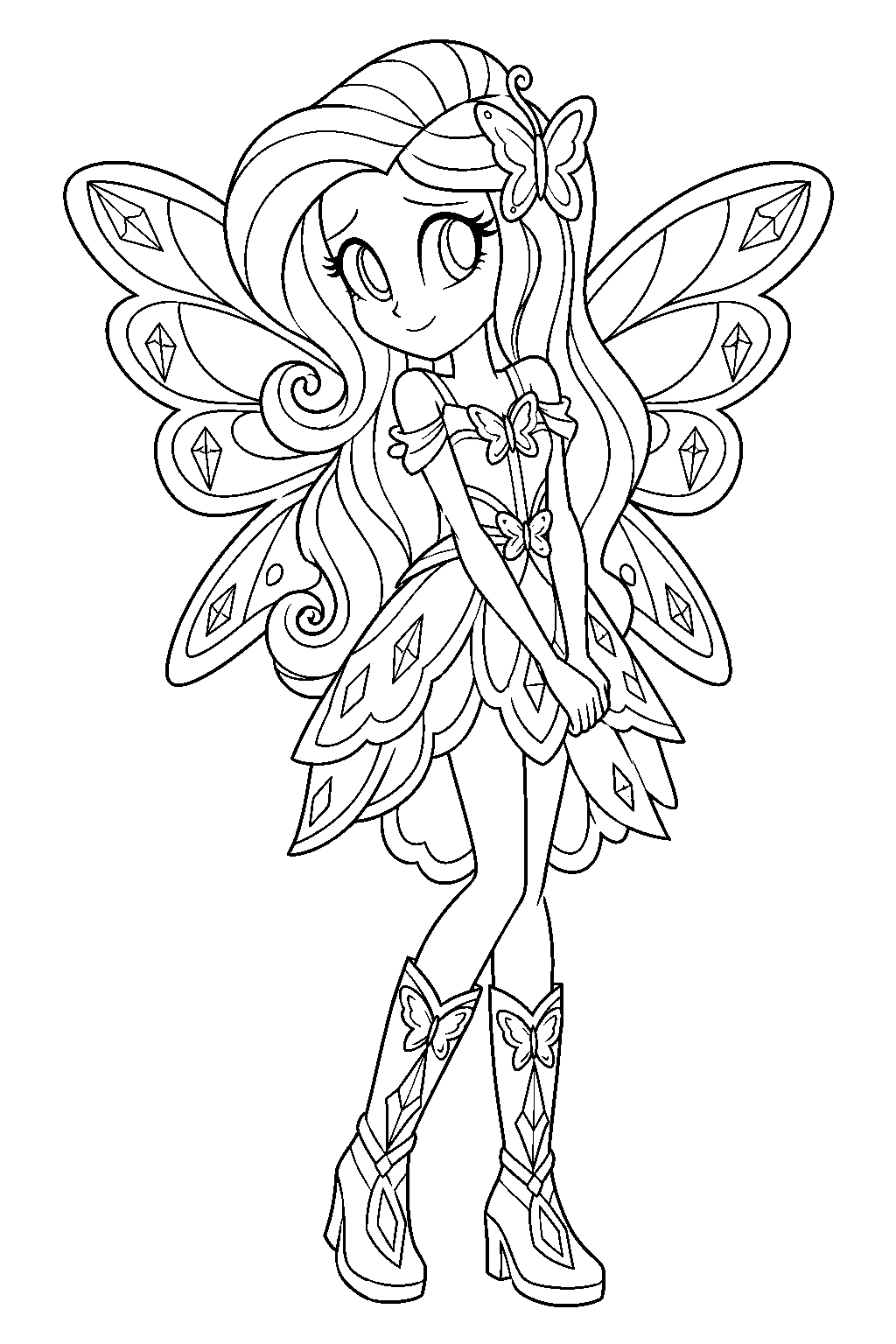 fluttershy in her human equestria girls form wearing her crystal wings outfit from legend of ever line art