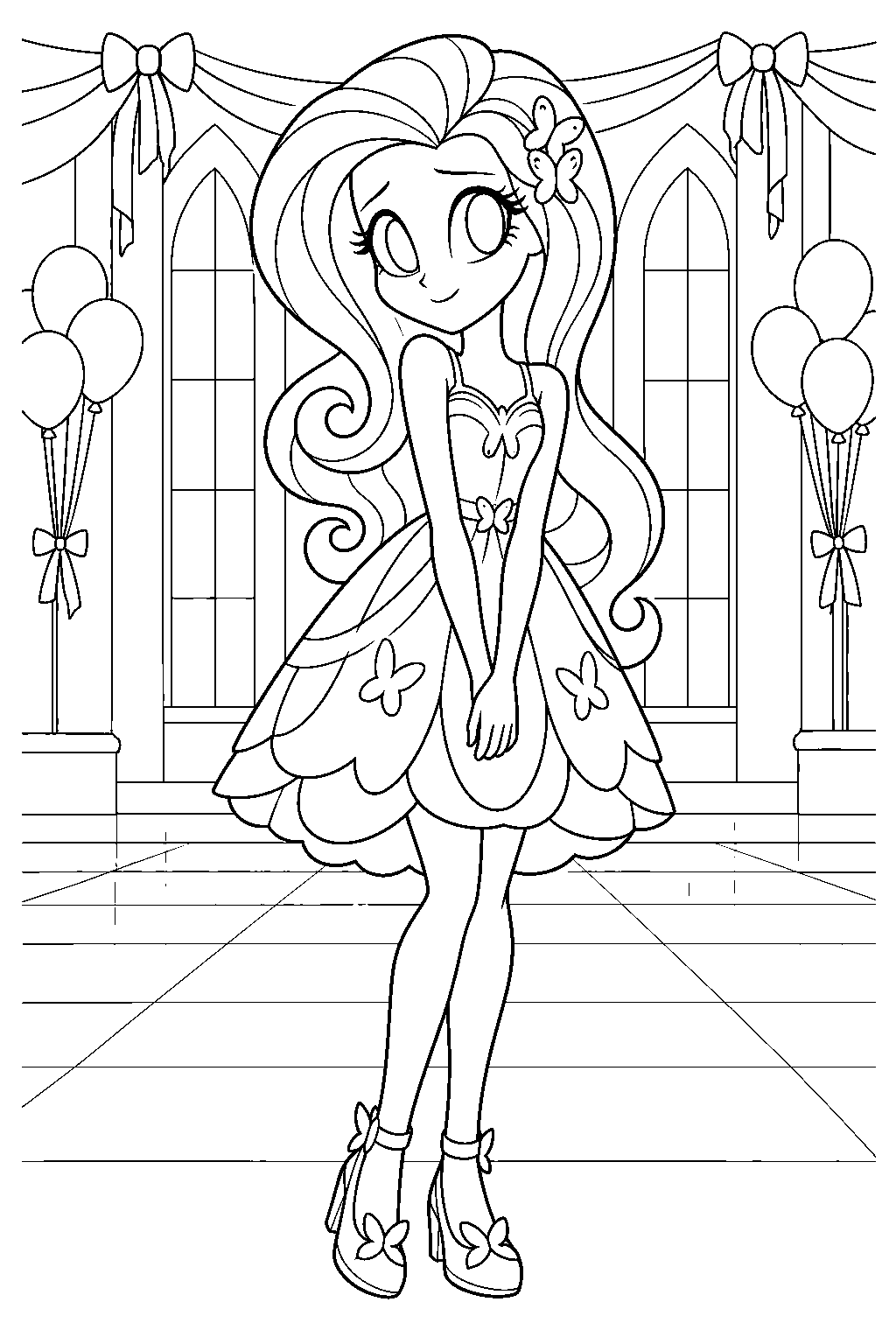 fluttershy in her human equestria girls form wearing her fall formal dress line art