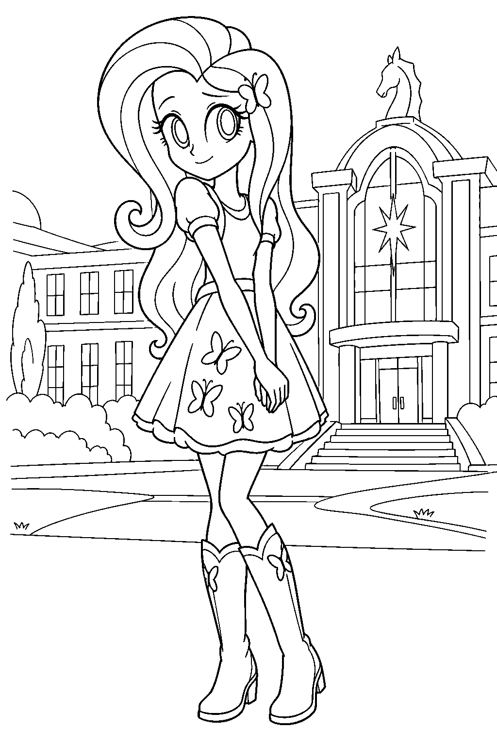 fluttershy in her human equestria girls form wearing her school outfit outside canterlot high line art