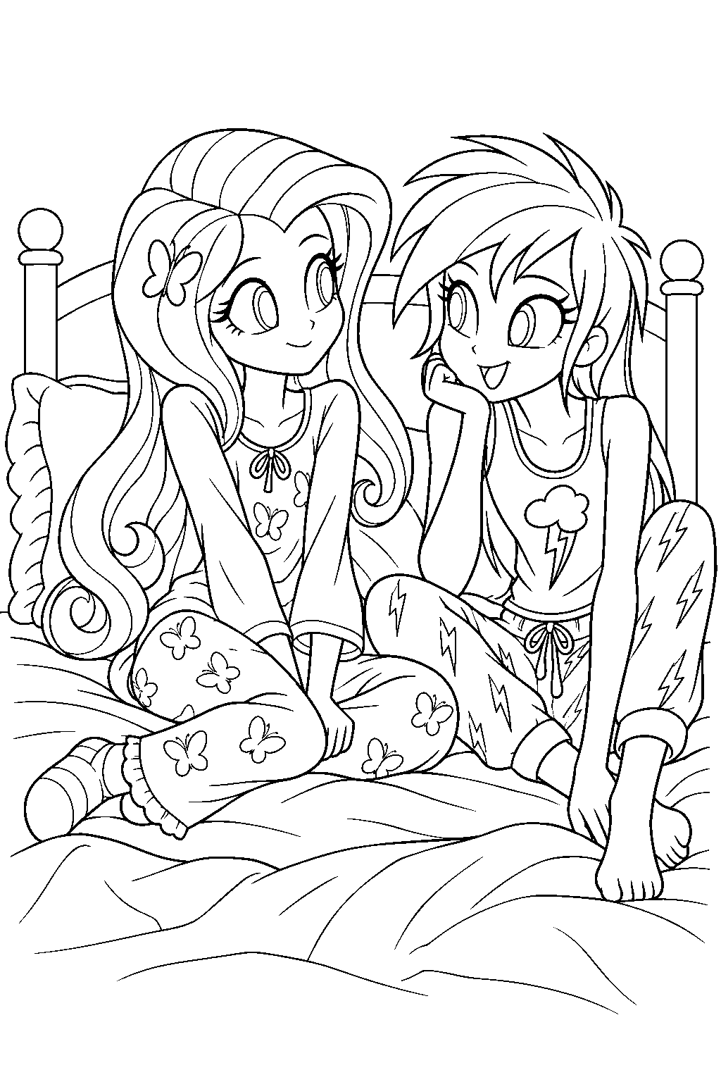 fluttershy in her human equestria girls form wearing pajamas at a slumber party with rainbow dash line art