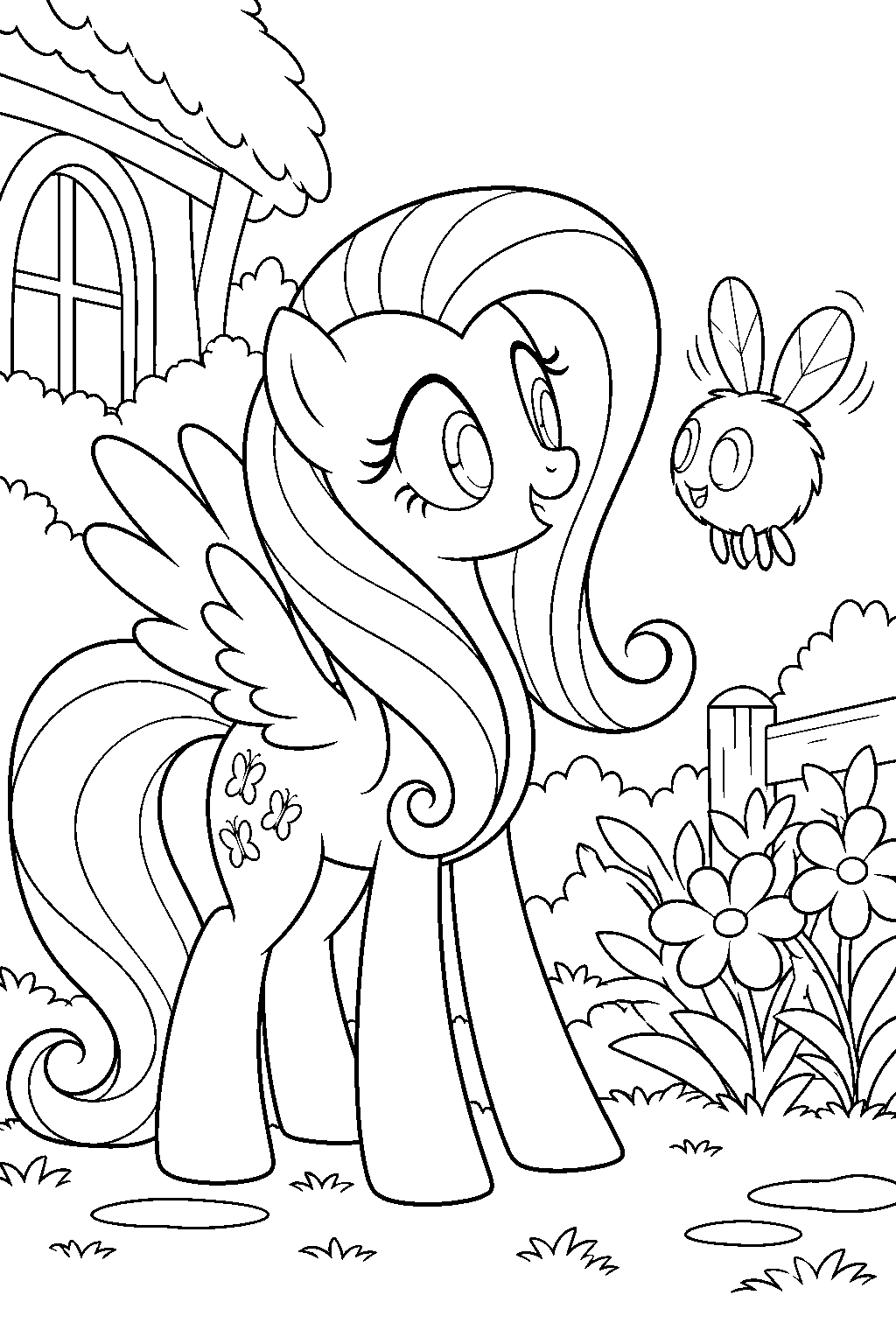 fluttershy meeting a parasprite in her garden line art