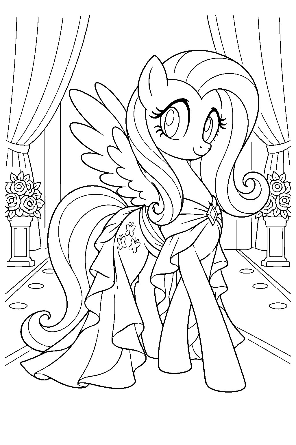 fluttershy modeling rarity s dress on a fashion runway line art