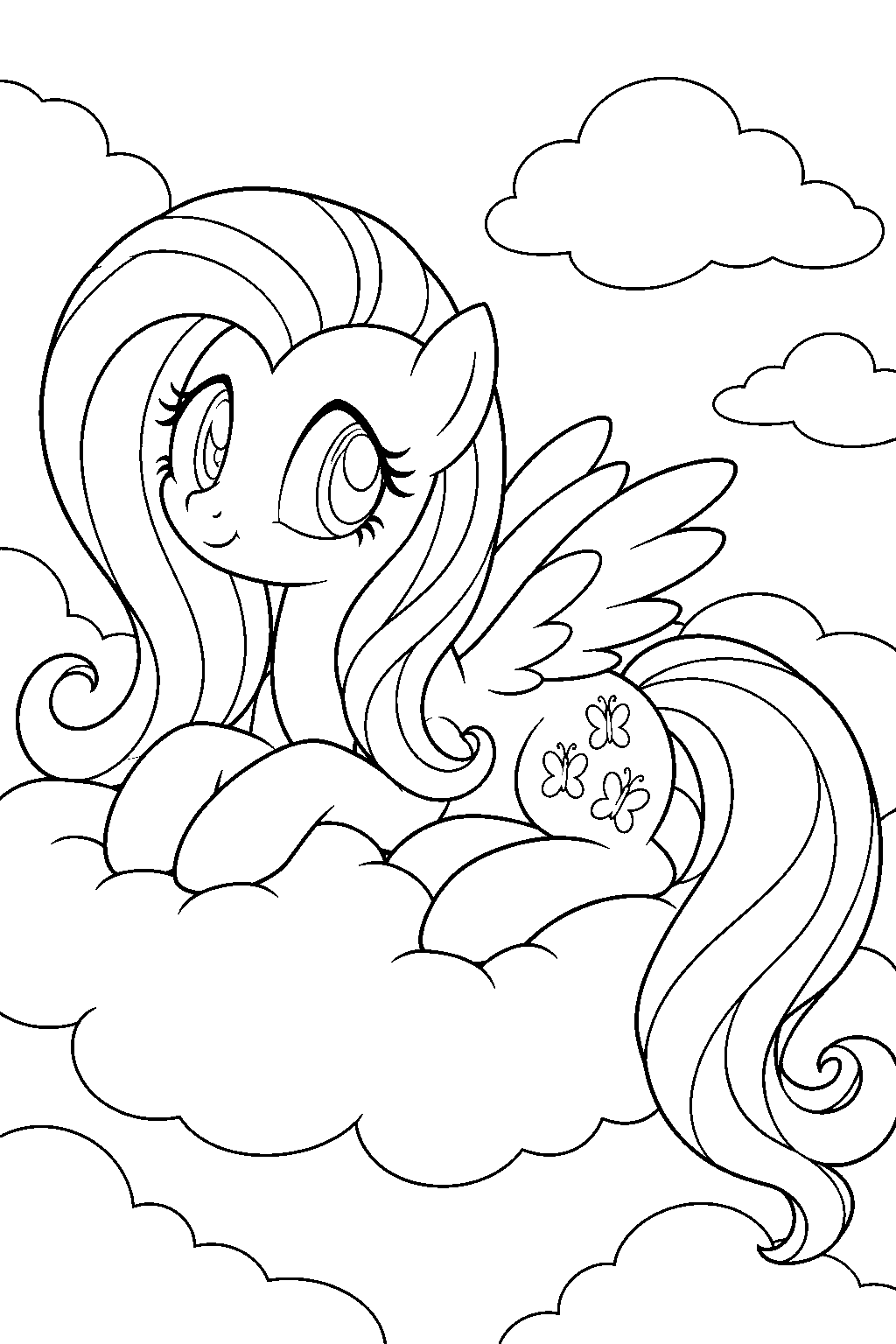 fluttershy resting on a cloud line art