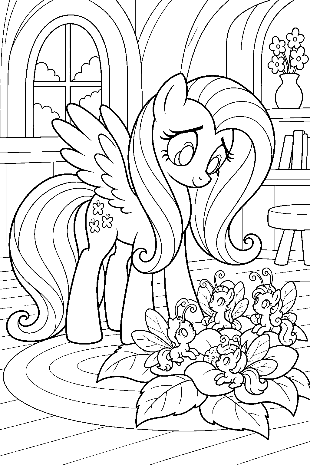 fluttershy sheltering breezies inside her cottage line art