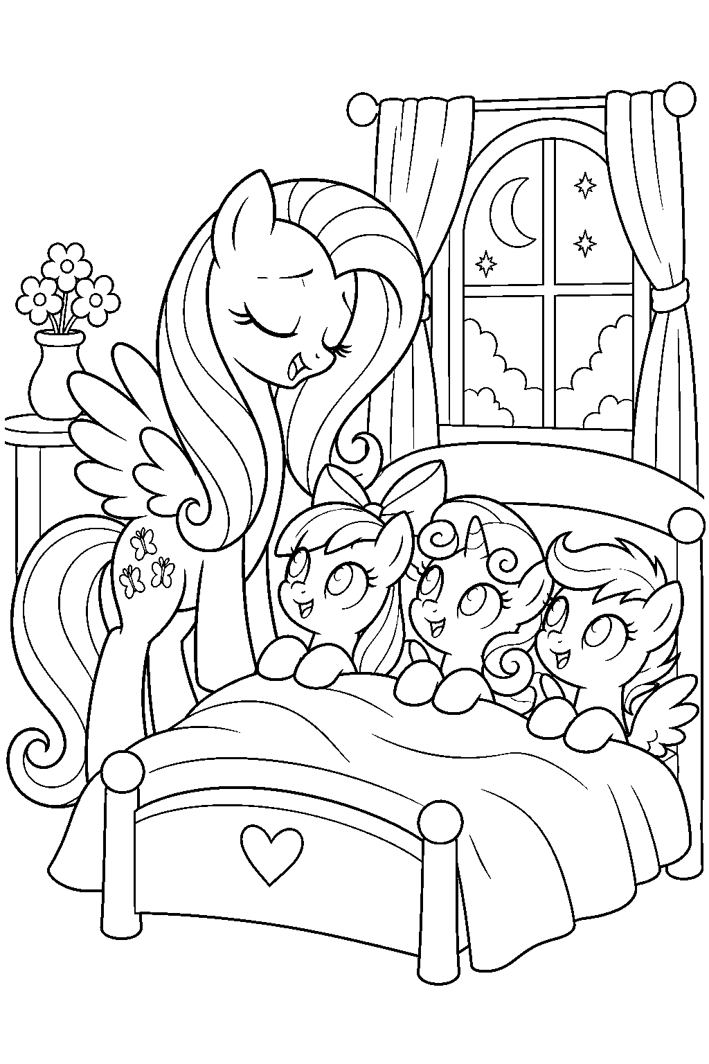 fluttershy singing a bedtime lullaby to apple bloom sweetie belle and scootaloo line art