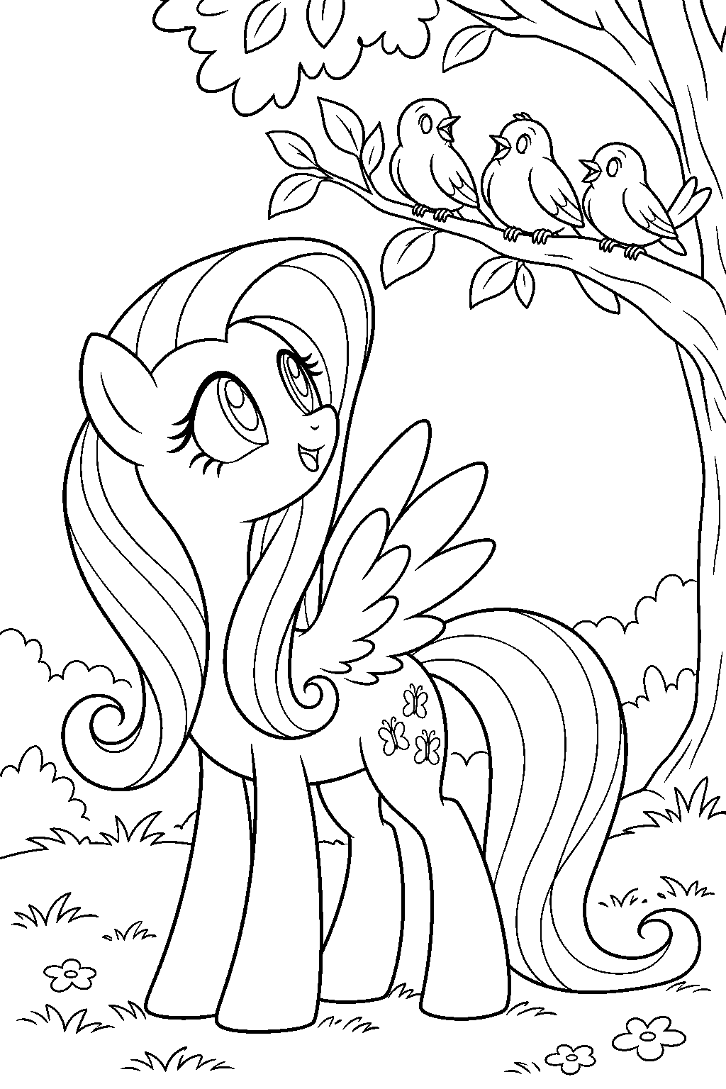 fluttershy singing to birds in a tree line art