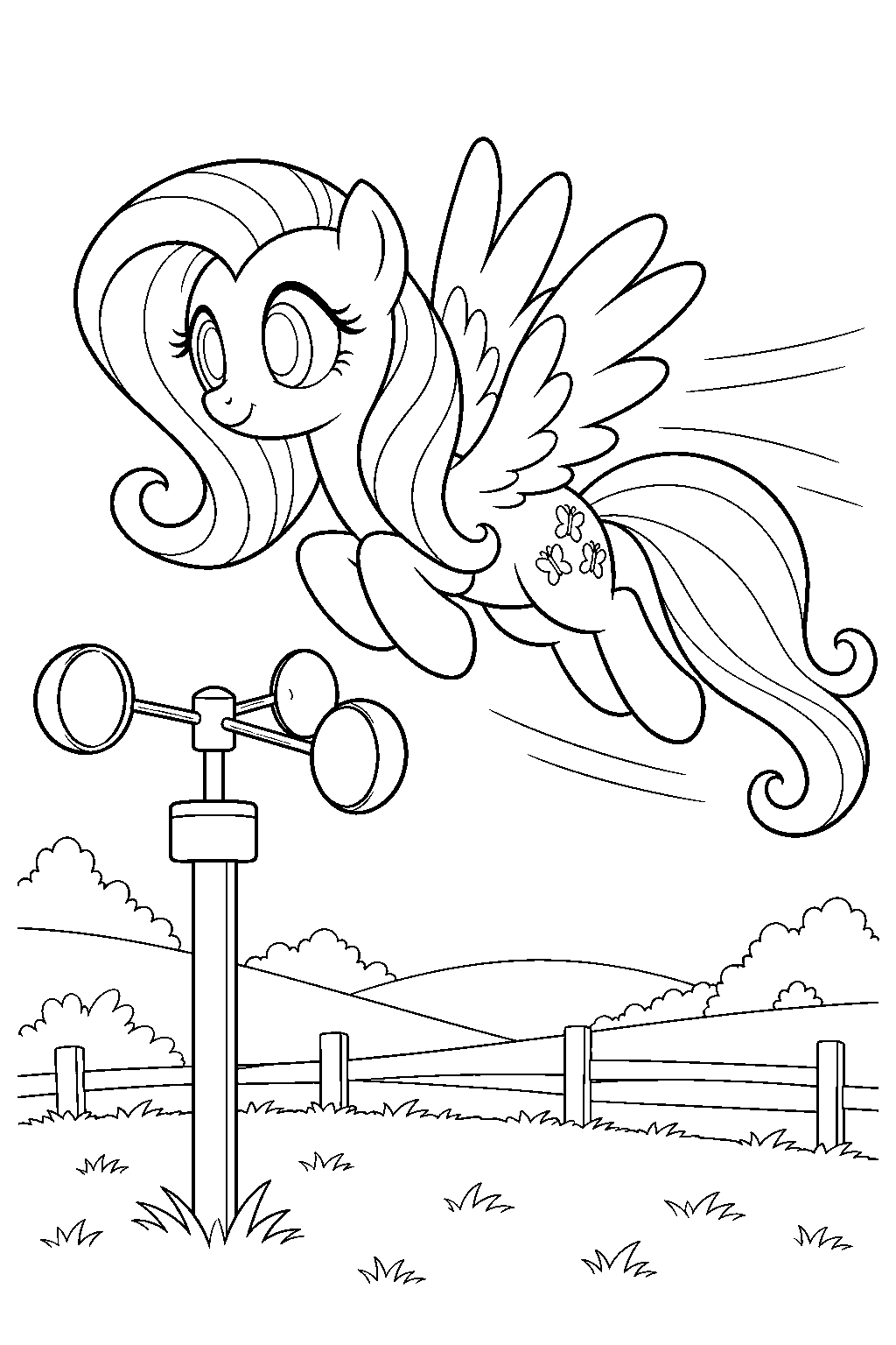 fluttershy testing her wing power beside an anemometer line art