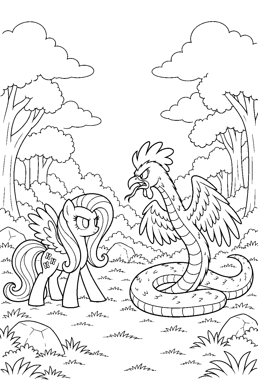 fluttershy using the stare on a cockatrice line art