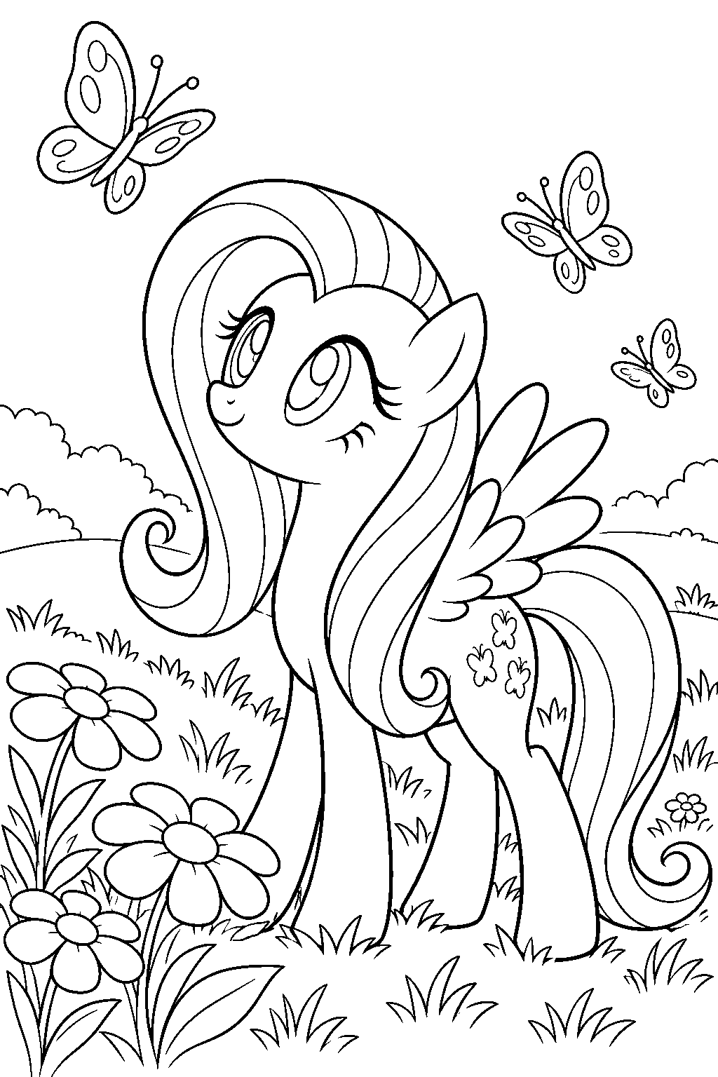 fluttershy watching butterflies in a flower meadow line art