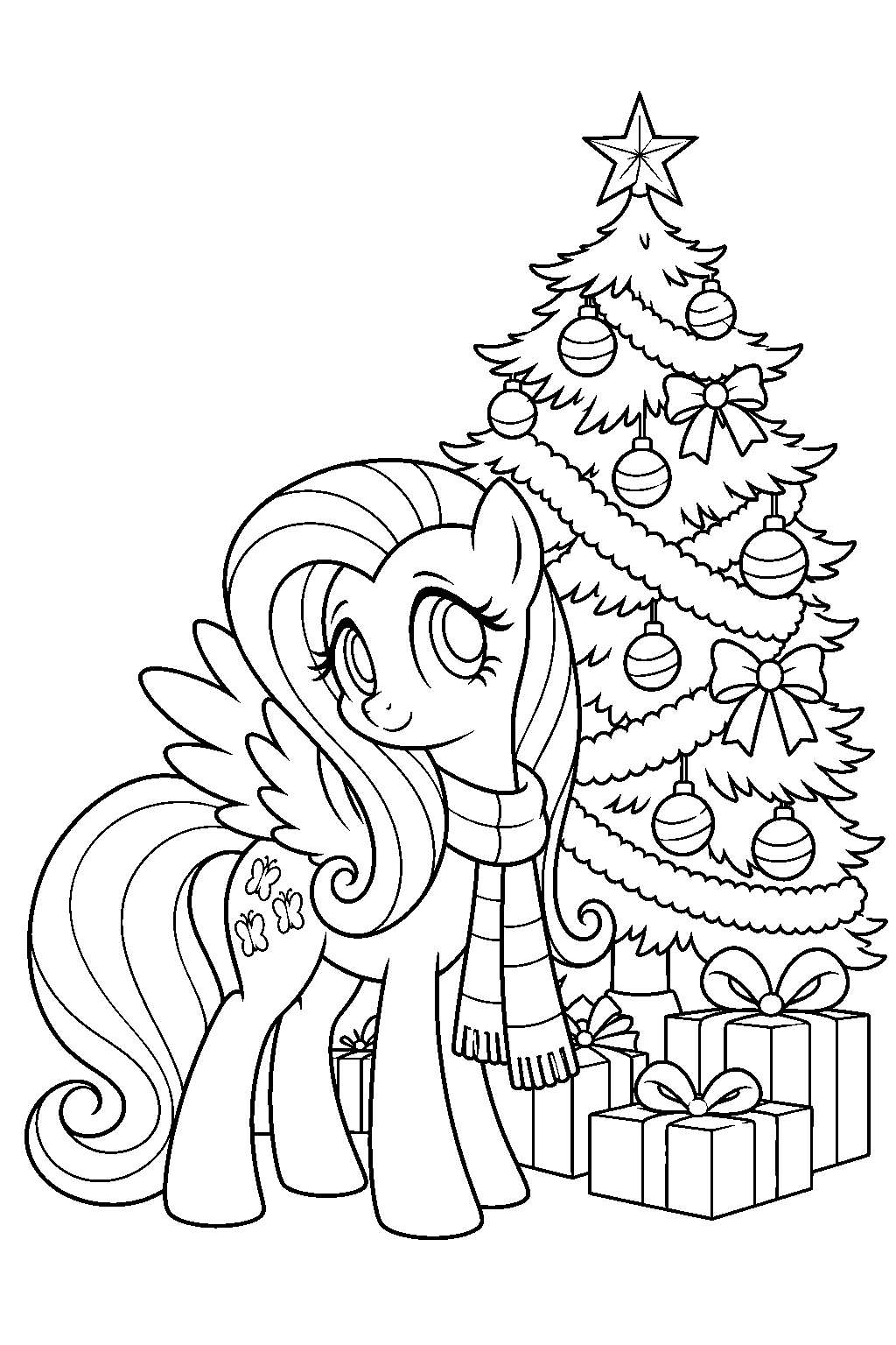 fluttershy wearing a scarf beside a hearth s warming tree line art