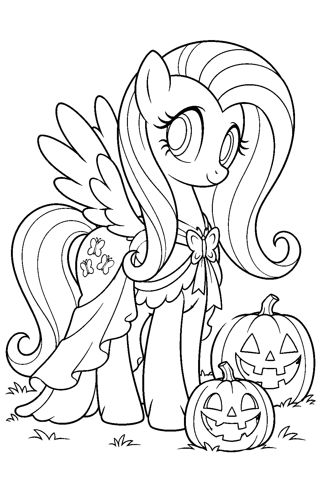 fluttershy wearing her nightmare night dress beside jack o lanterns line art
