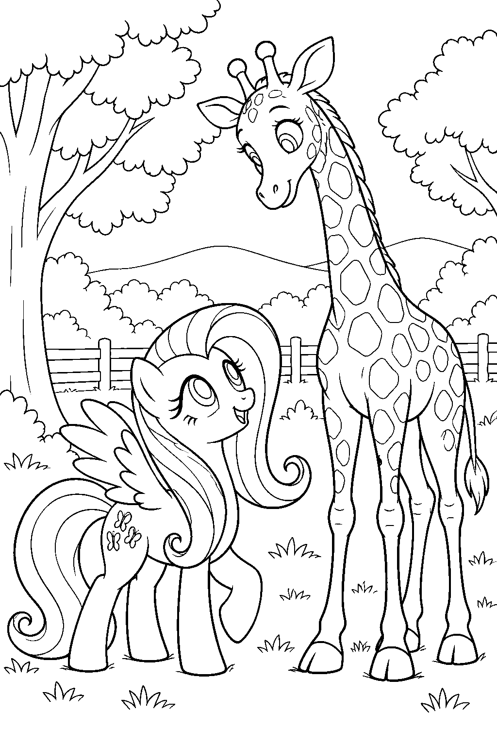 fluttershy welcoming a giraffe to sweet feather sanctuary line art