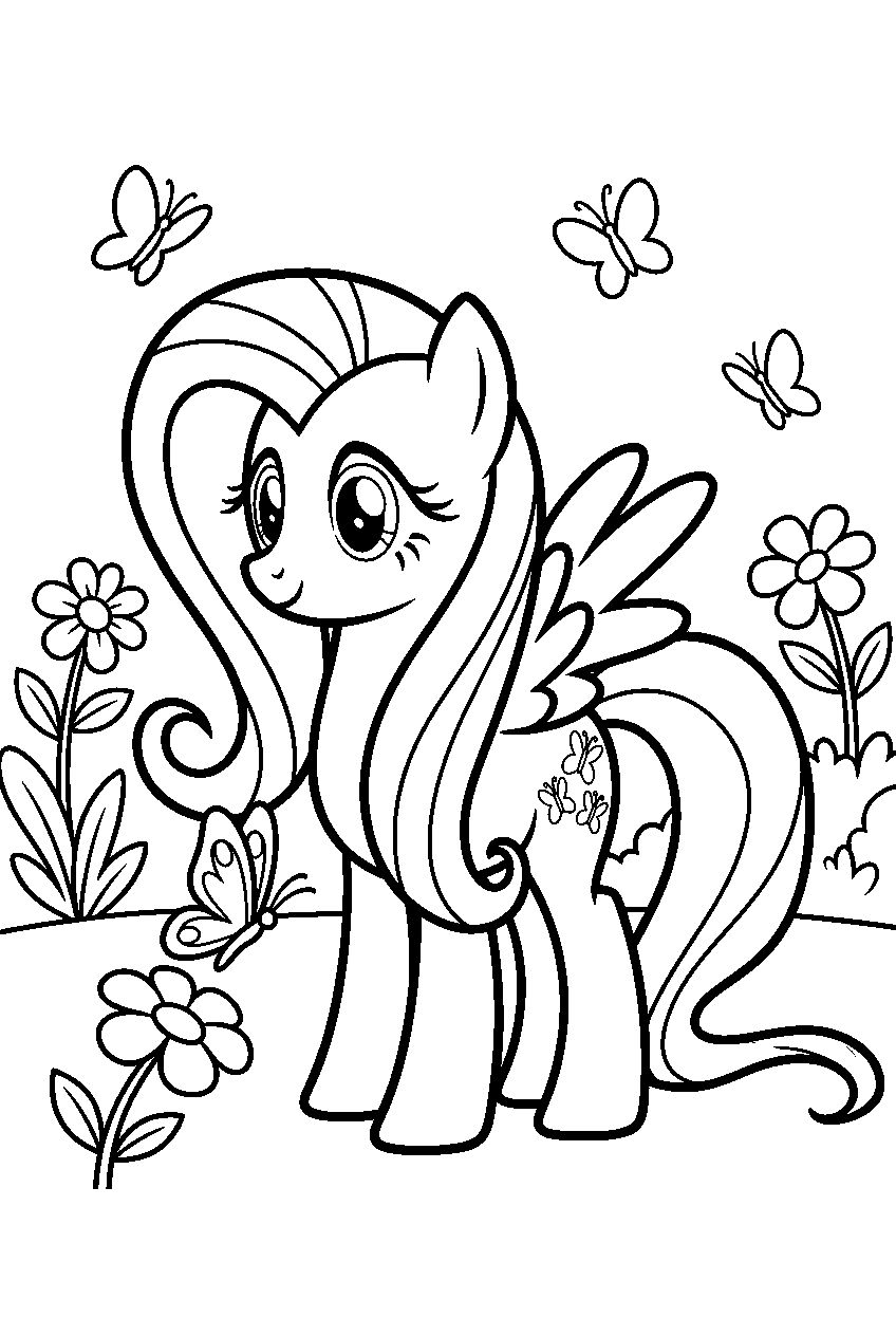 my little pony fluttershy in butterfly garden line art