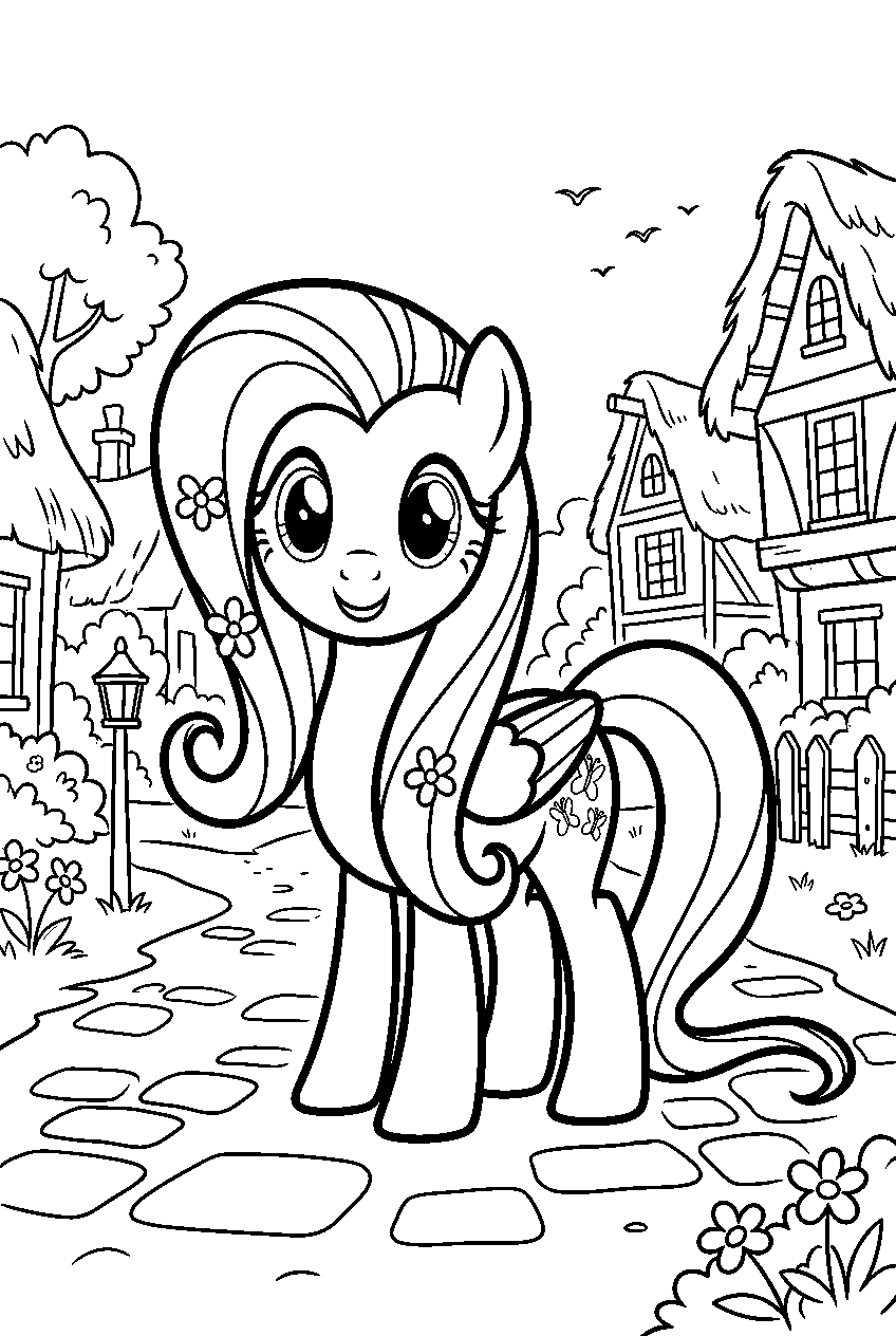 my little pony fluttershy in village street line art