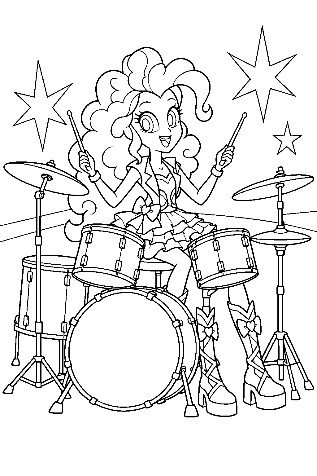 equestria girls pinkie pie playing drums in her rainbow rocks outfit line art