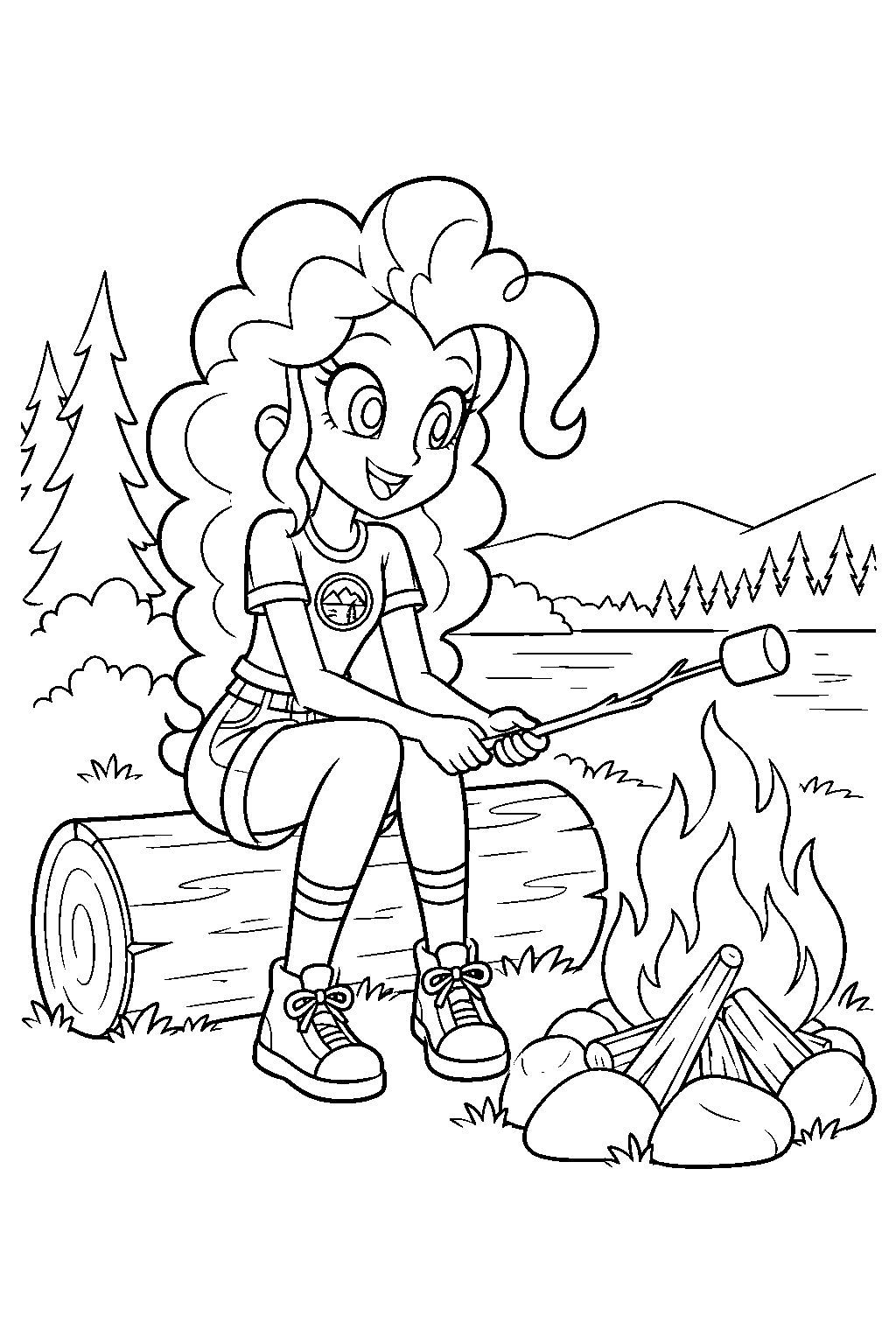equestria girls pinkie pie roasting marshmallows beside the camp ever campfire line art