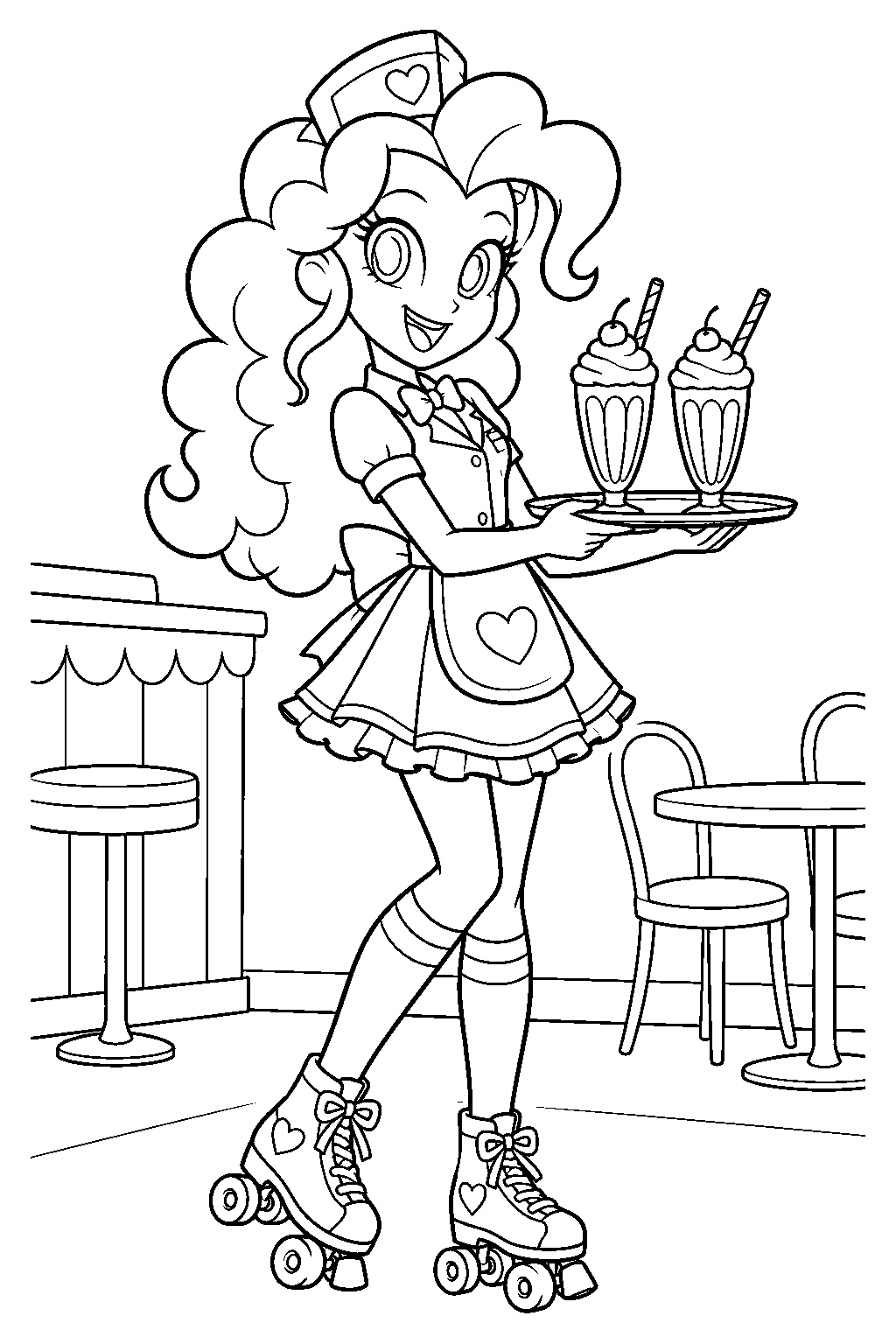 equestria girls pinkie pie serving milkshakes in her sweet snacks cafe uniform and roller skates line art