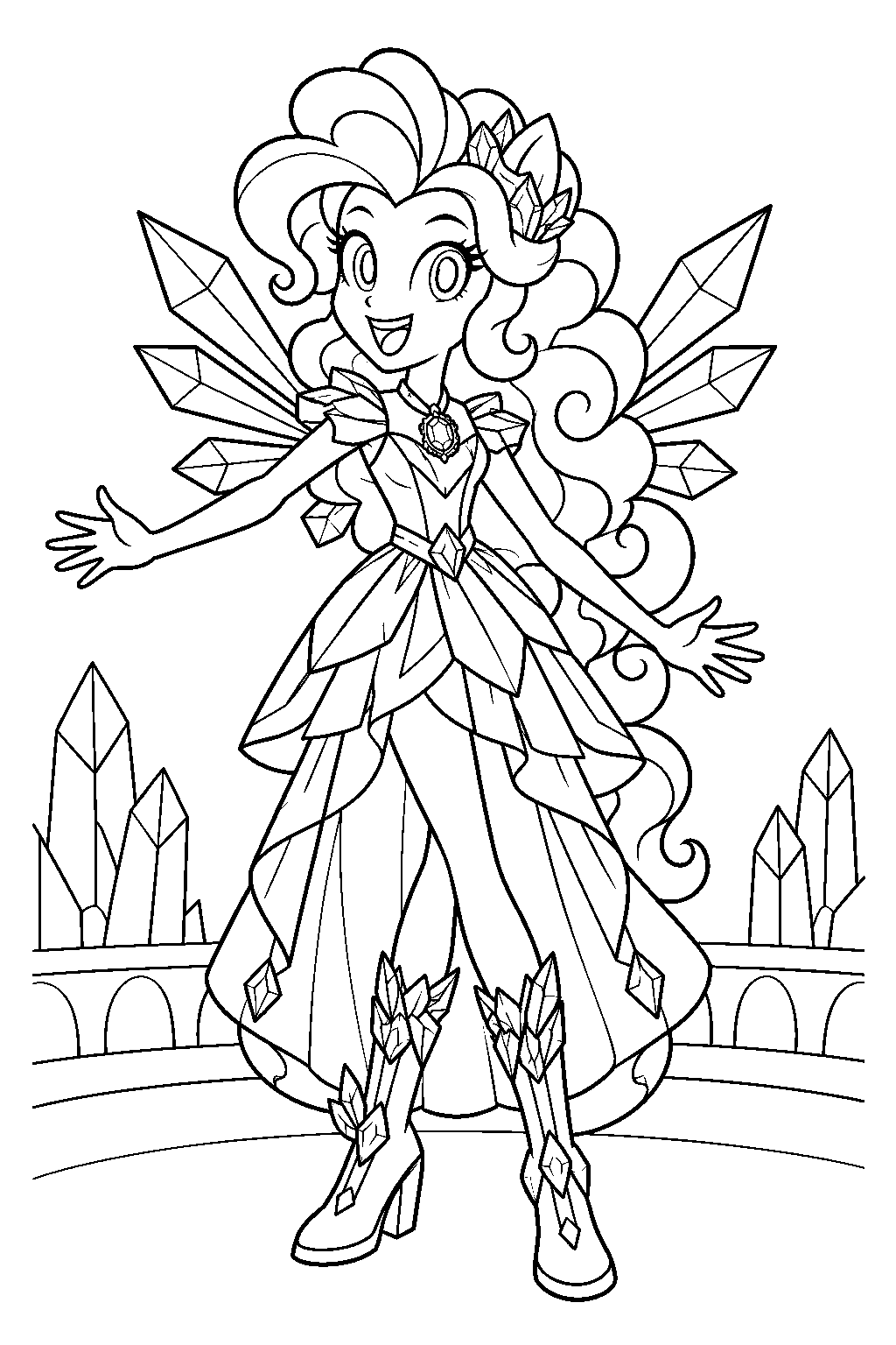 equestria girls pinkie pie wearing her crystal guardian outfit with her geode necklace line art