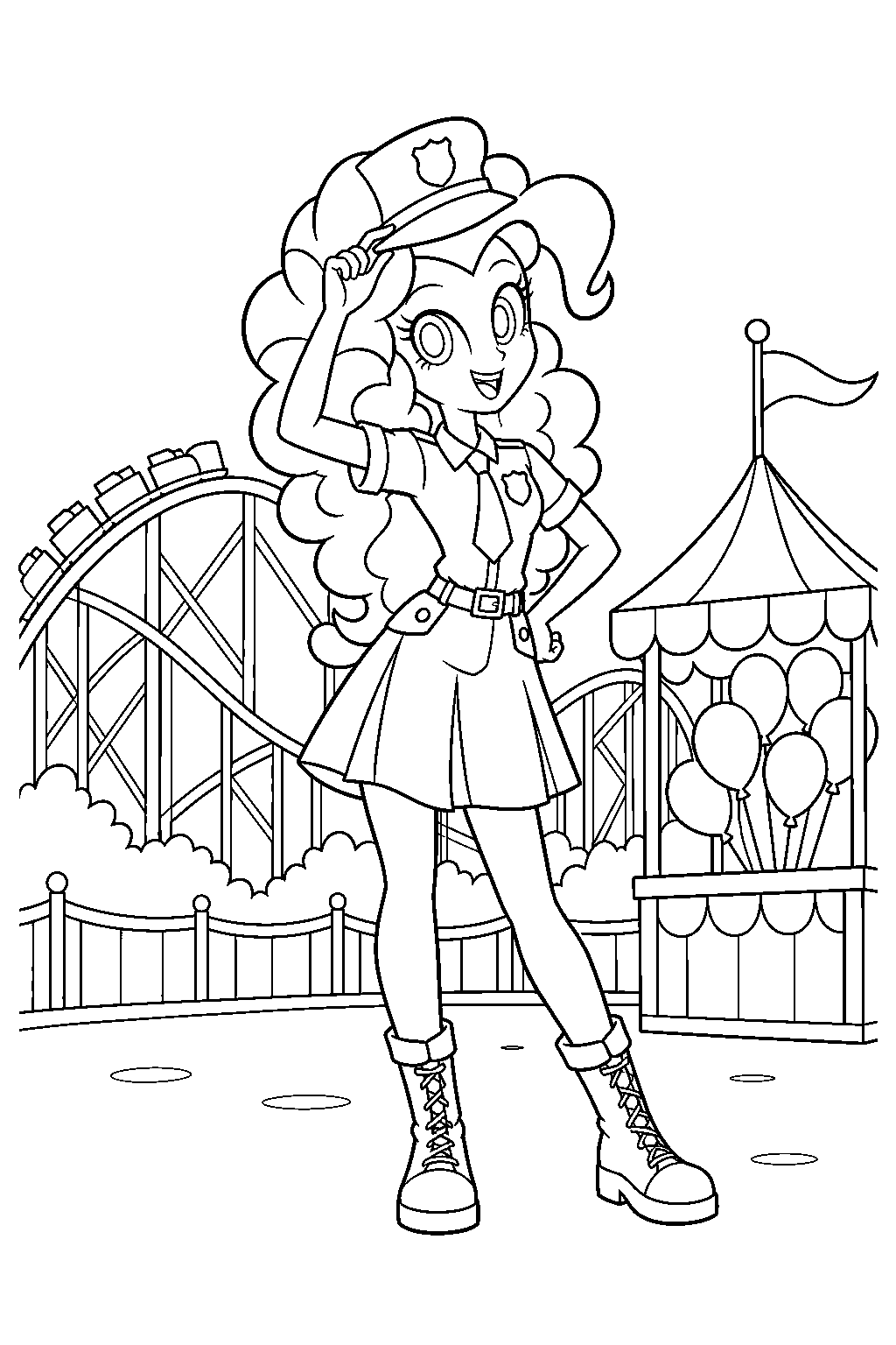 equestria girls pinkie pie wearing her fun inspector uniform at equestria land line art