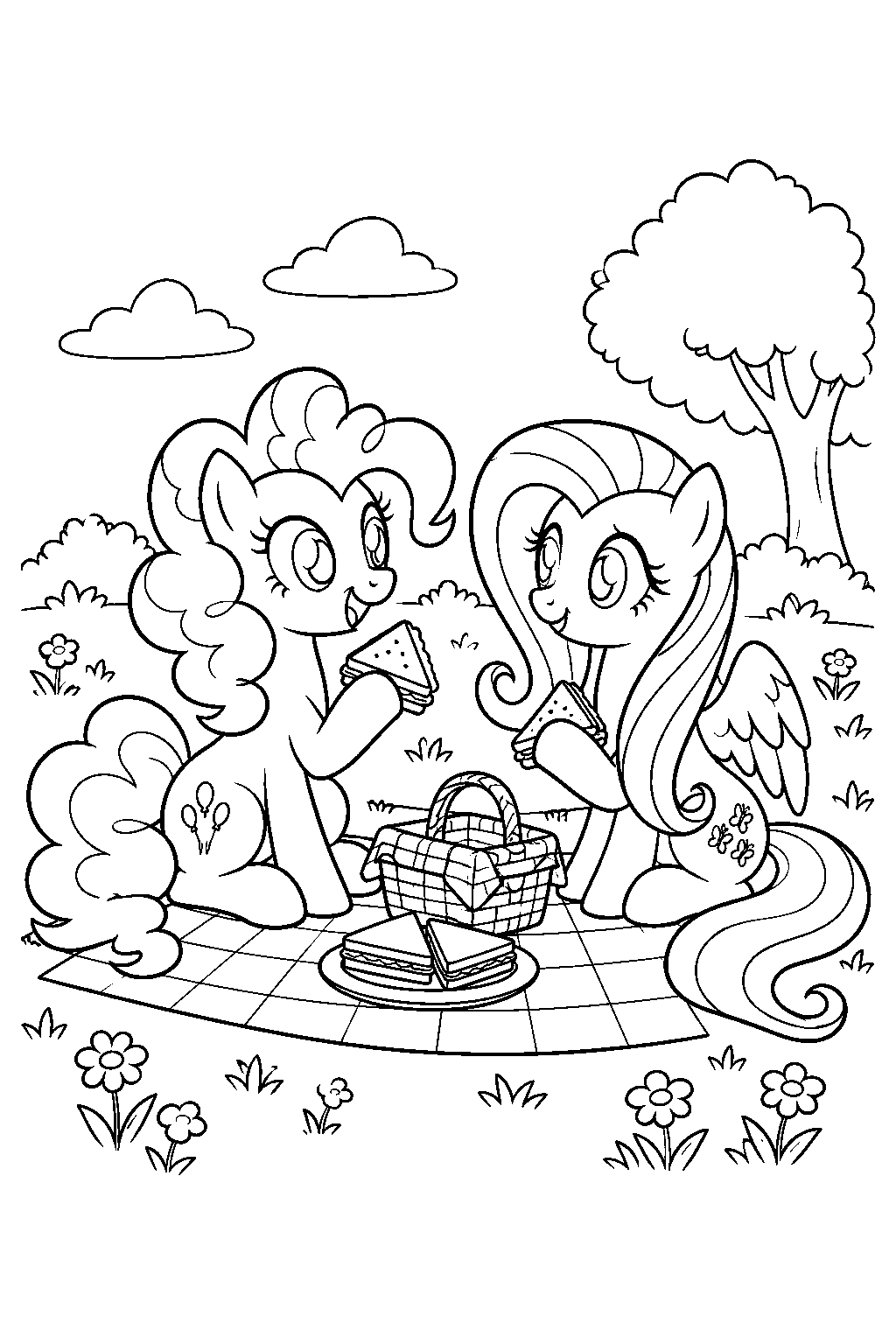 my little pony pinkie pie and fluttershy sharing a picnic in a flower meadow line art