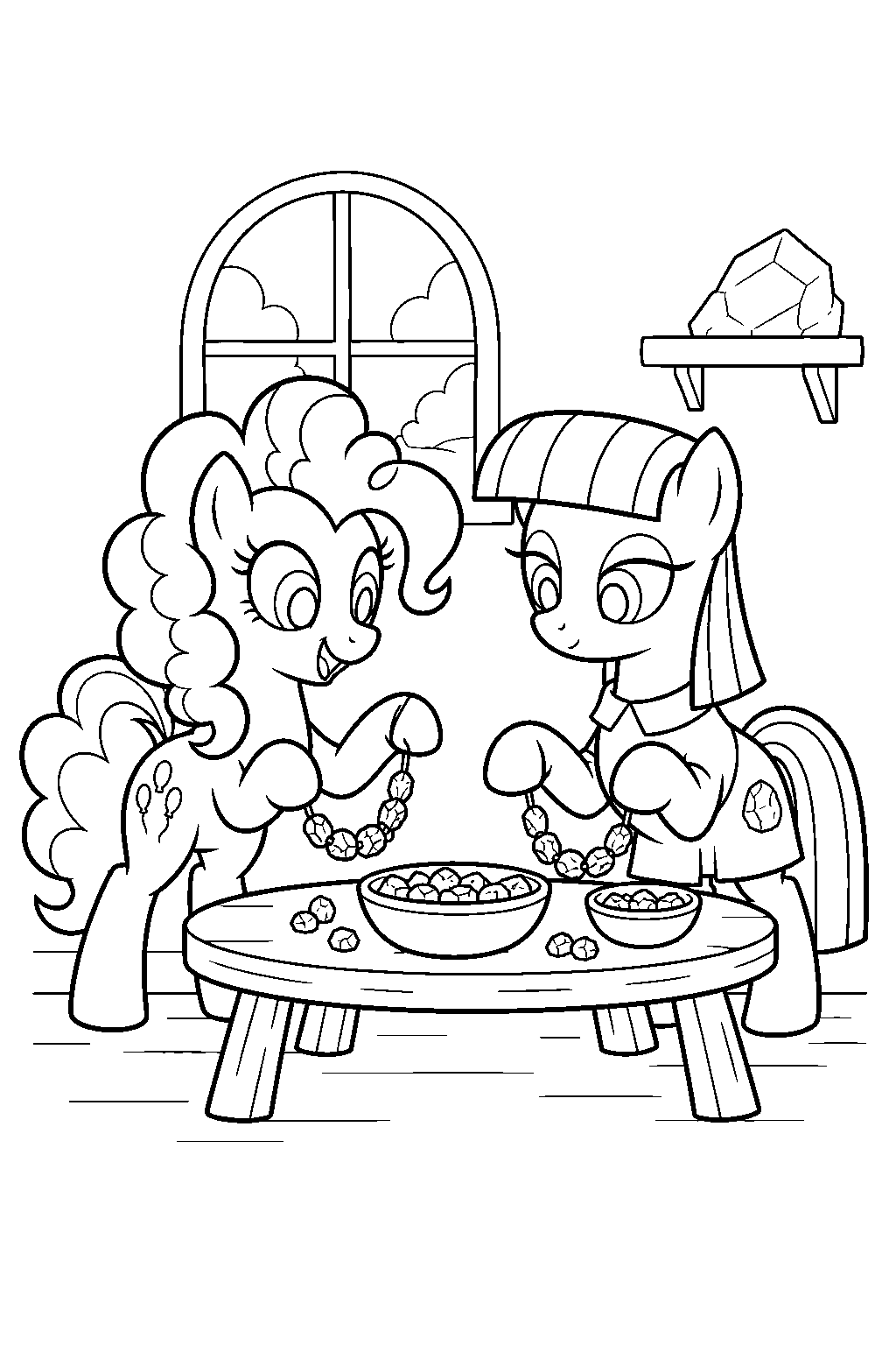 my little pony pinkie pie and maud pie making rock candy necklaces line art