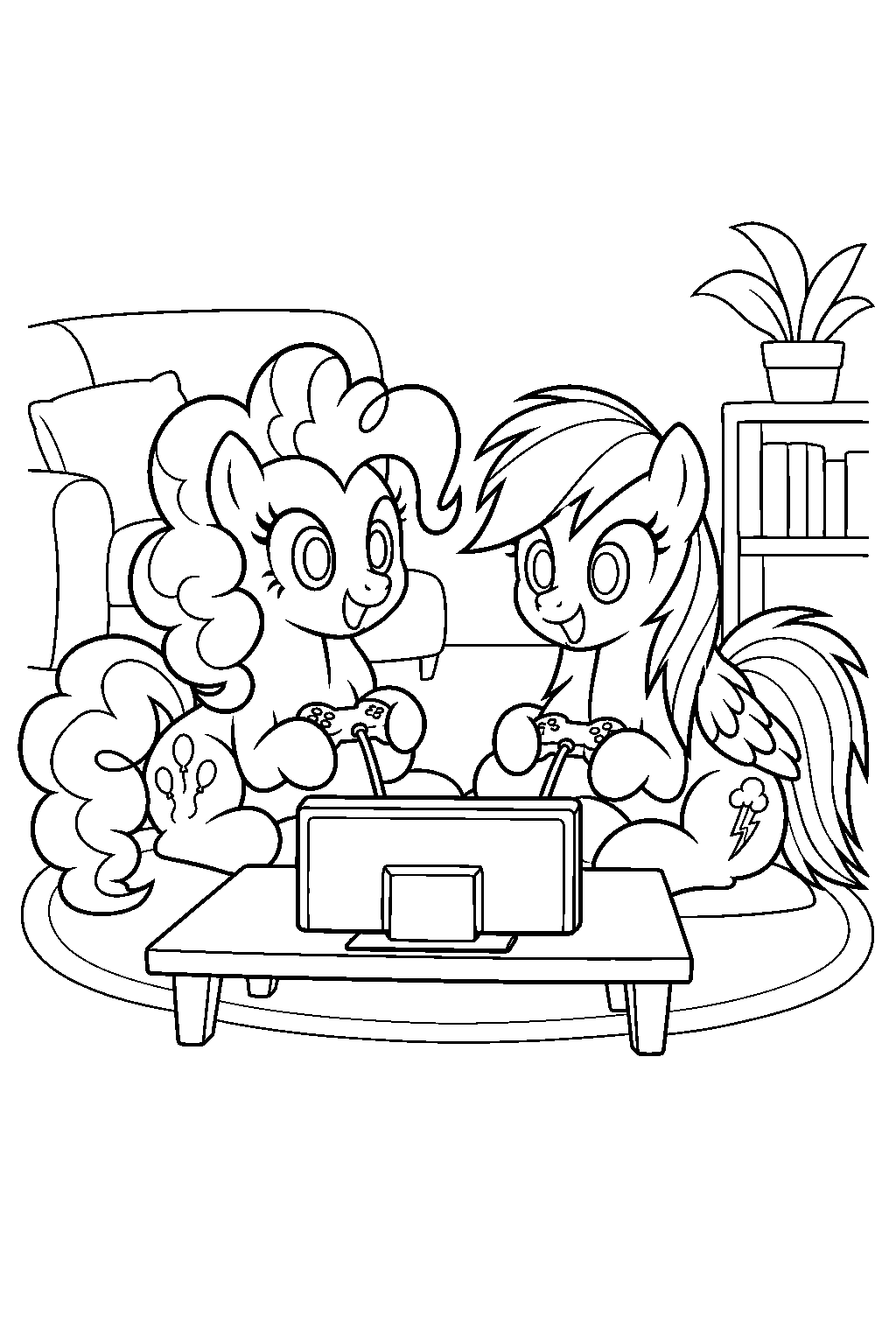 my little pony pinkie pie and rainbow dash playing video games line art