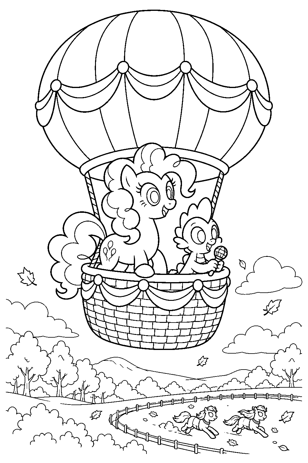 my little pony pinkie pie and spike reporting the running of the leaves from a hot air balloon line art