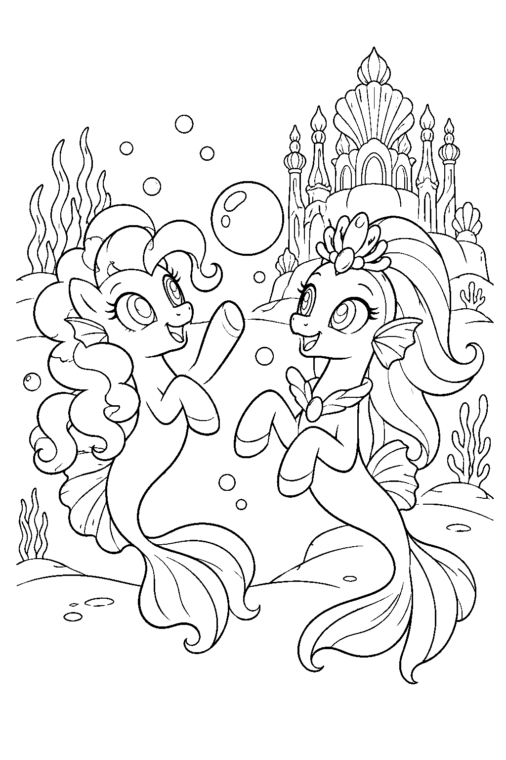 my little pony pinkie pie as a seapony playing with princess skystar in seaquestria line art