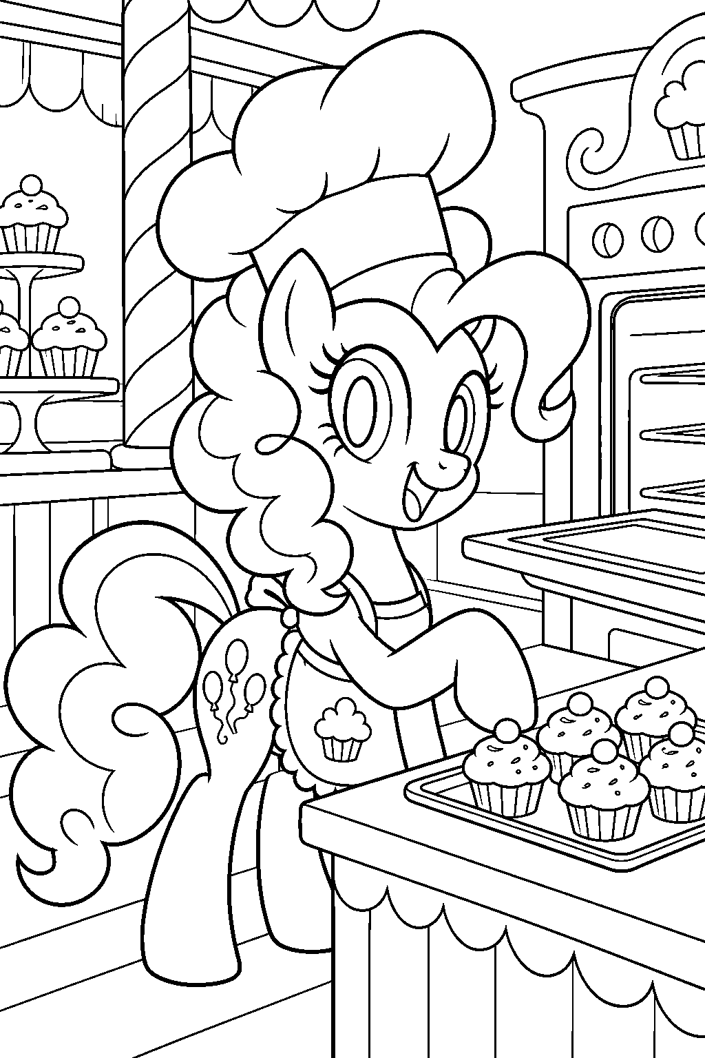 my little pony pinkie pie baking cupcakes in a chef s hat at sugarcube corner line art