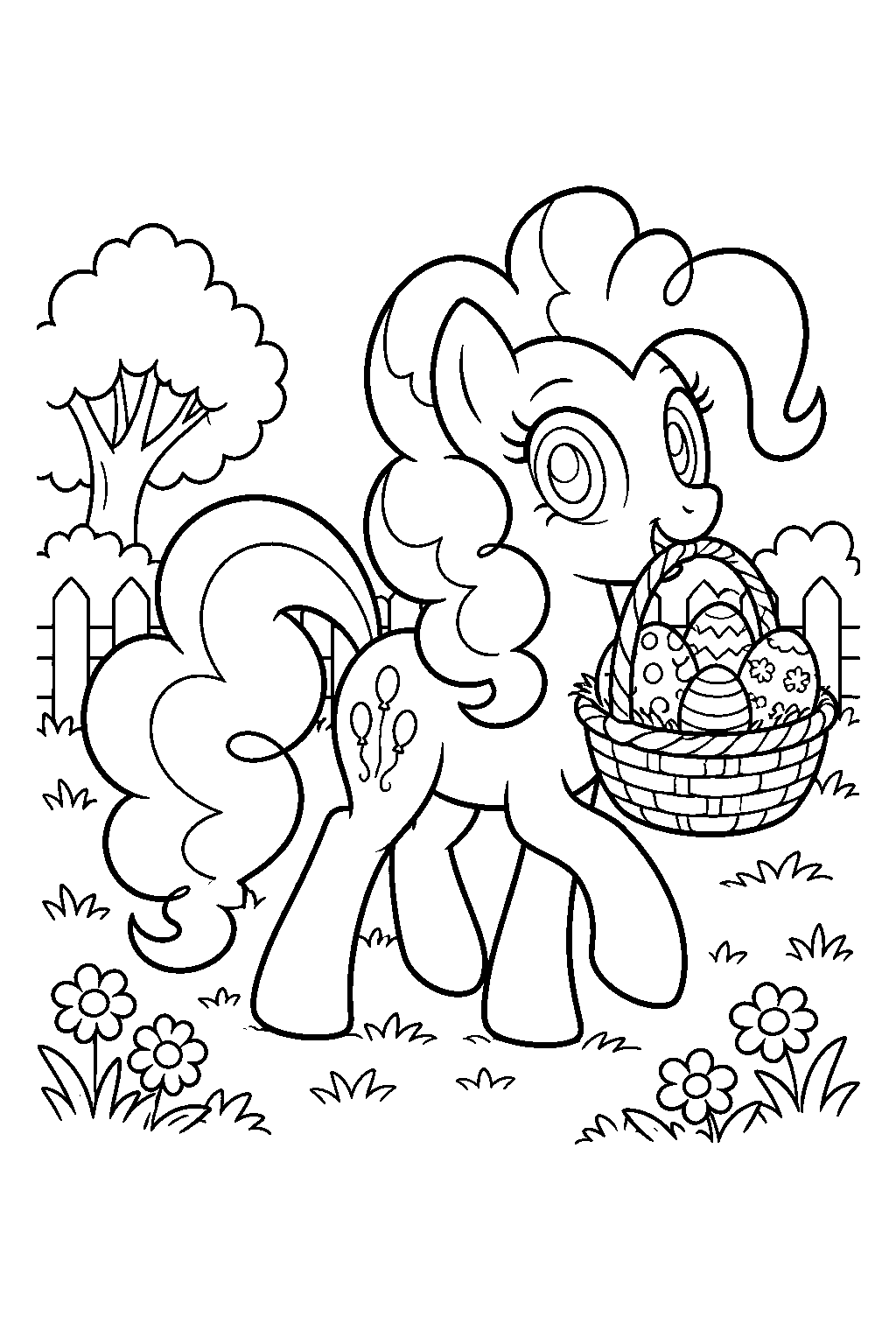my little pony pinkie pie carrying a basket of easter eggs in a spring garden line art