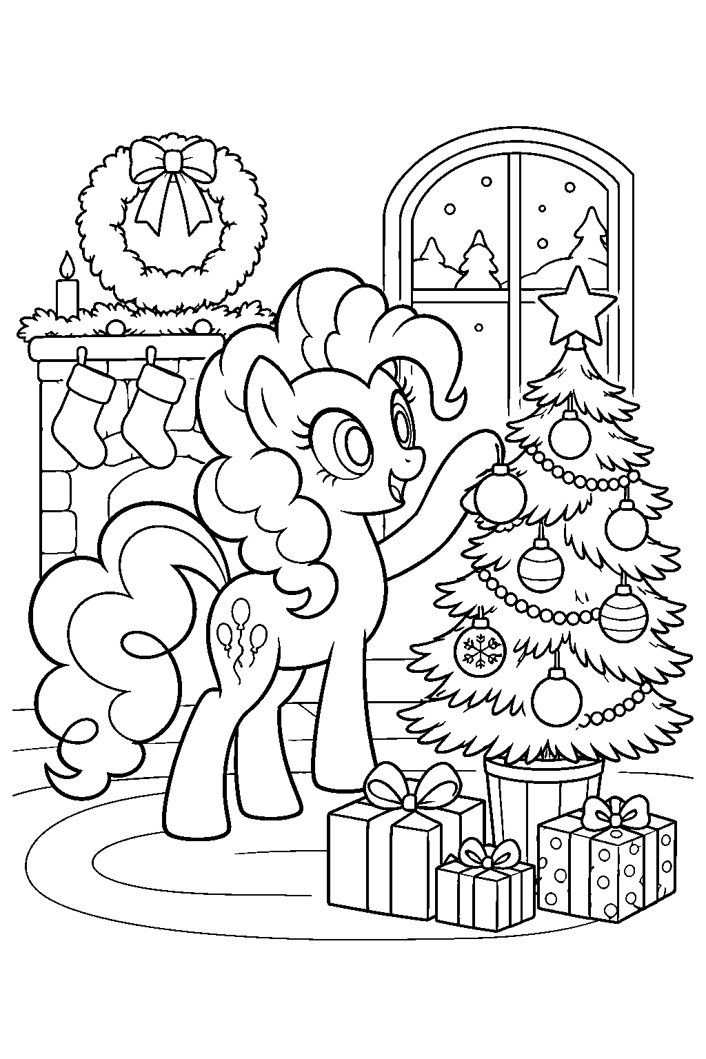 my little pony pinkie pie decorating a hearth s warming tree with christmas ornaments line art