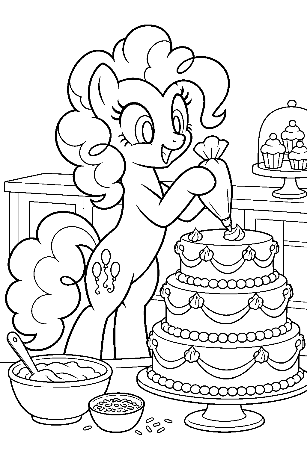 my little pony pinkie pie decorating a tiered birthday cake with frosting line art